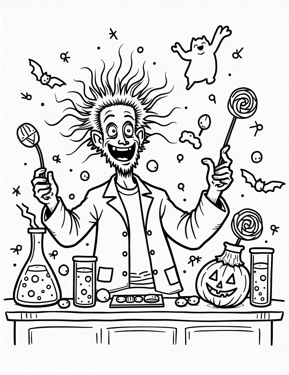 Mad Scientist's Halloween Laboratory -- prompt: "black lines only Playful Halloween laboratory coloring page. Cartoonish mad scientist with wild hair. Grinning Frankenstein's monster on table. Pumpkin-shaped beakers with spiraling smoke. Adorable bat-winged test tubes. Smiling ghosts float around. Oversized candy corn and lollipops scattered about. Quirky flat black lines, premium coloring page, coloring sheet, line drawing, Coloring Book, NO COLOR, NO SHADING, WHITE BACKGROUND. NO GRAY, BLACK AND WHITE, NO COLOR" -- Explore the wacky world of a Halloween-obsessed scientist with this detailed coloring page. The scene is filled with bubbling potions, crackling electricity, and hybrid Halloween creatures, perfect for older kids and adults who love science and spooky themes. It's an ideal choice for those who appreciate intricate, imaginative artwork.