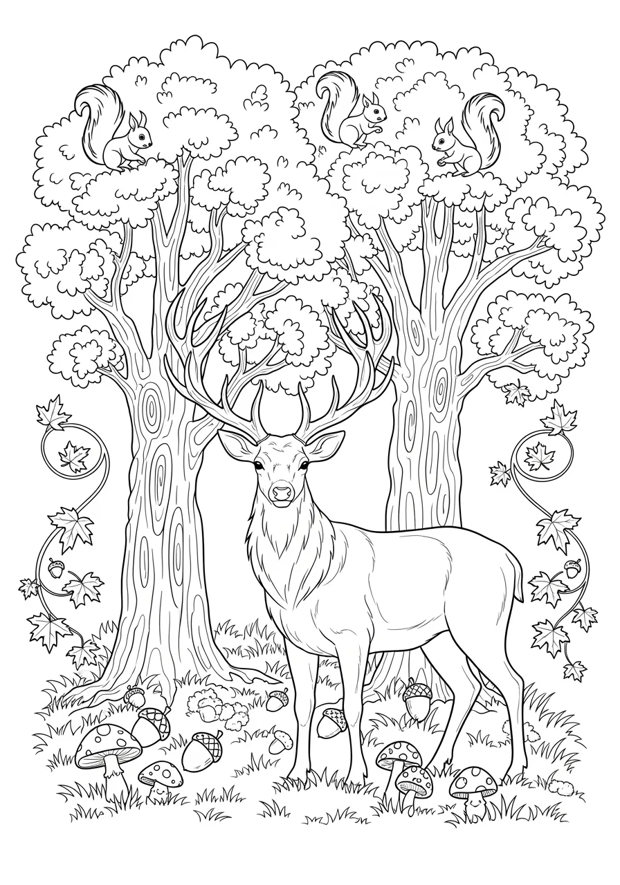 Majestic Stag in Autumn Forest Coloring Page -- prompt: "black lines only A proud stag with magnificent branching antlers stands gracefully among towering oak trees, surrounded by swirling maple leaves, acorns, and mushrooms scattered across the forest floor, designed as a cheerful coloring book page with bold outlines and simple shapes. flat black lines, premium coloring page, coloring sheet, line drawing, Coloring Book, NO COLOR, NO SHADING, WHITE BACKGROUND. NO GRAY, BLACK AND WHITE, NO COLOR" -- This breathtaking scene features a noble stag standing proudly among autumn trees with falling leaves. The detailed antlers and seasonal foliage create a perfect fall-themed coloring experience. It's an excellent way to explore seasonal changes and forest wildlife with young nature enthusiasts.