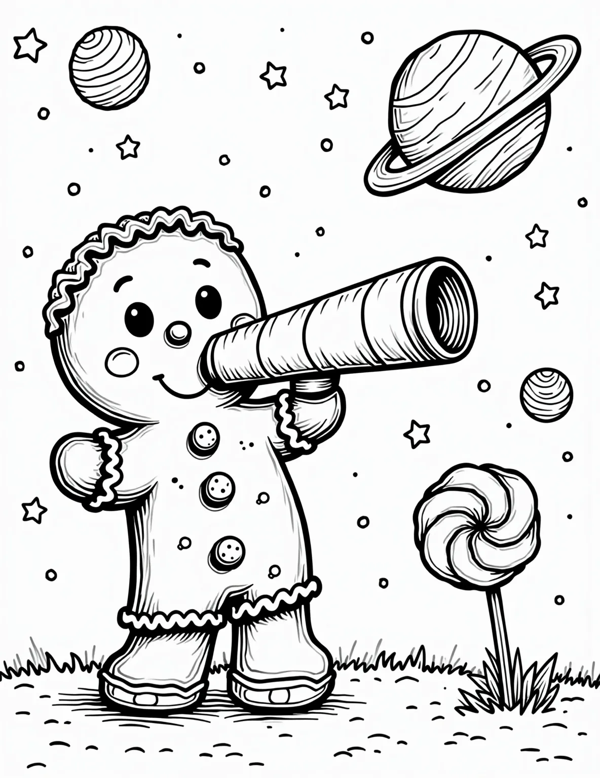 Gingerbread Astronomer's Stargazing Night Coloring Page -- prompt: "black lines only Jolly gingerbread astronomer, outlined in bold black lines, peering through telescope. Starry sky filled with connect-the-dot constellations, swirling galaxies, and smiling planets. Candy cane telescope stand, cookie crumb ground. Empty spaces await vibrant colors. Magical nighttime exploration scene flat black lines, premium coloring page, coloring sheet, line drawing, Coloring Book, NO COLOR, NO SHADING, WHITE BACKGROUND. NO GRAY, BLACK AND WHITE, NO COLOR" -- This awe-inspiring coloring page features a gingerbread astronomer gazing at the stars through a telescope. The night sky is filled with twinkling stars, planets, and even a shooting star, all waiting to be brought to life with color. It's a wonderful way to spark an interest in astronomy and the wonders of the universe, suitable for both children and adults who love space themes.