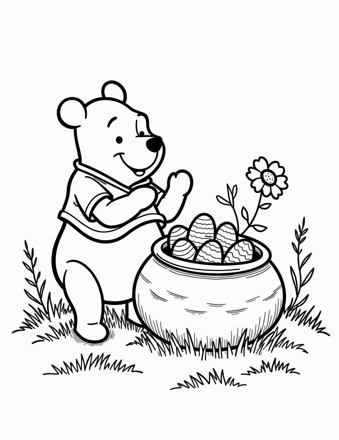 Winnie the Pooh's Honey Pot Easter Surprise -- prompt: "black lines only Winnie the Pooh's wide-eyed expression, outlined in bold black strokes, gazes at a honey pot brimming with Easter eggs. Hundred Acre Wood blooms with simple flower shapes. Empty spaces invite coloring. Chunky lines define characters and scenery, perfect for young artists. flat black lines, premium coloring page, coloring sheet, line drawing, Coloring Book, NO COLOR, NO SHADING, WHITE BACKGROUND. NO GRAY, BLACK AND WHITE, NO COLOR" -- Join Winnie the Pooh in this sweet Easter coloring page. Pooh has discovered that his honey pot is filled with colorful Easter eggs instead of honey. He looks puzzled but delighted, surrounded by spring flowers in the Hundred Acre Wood.