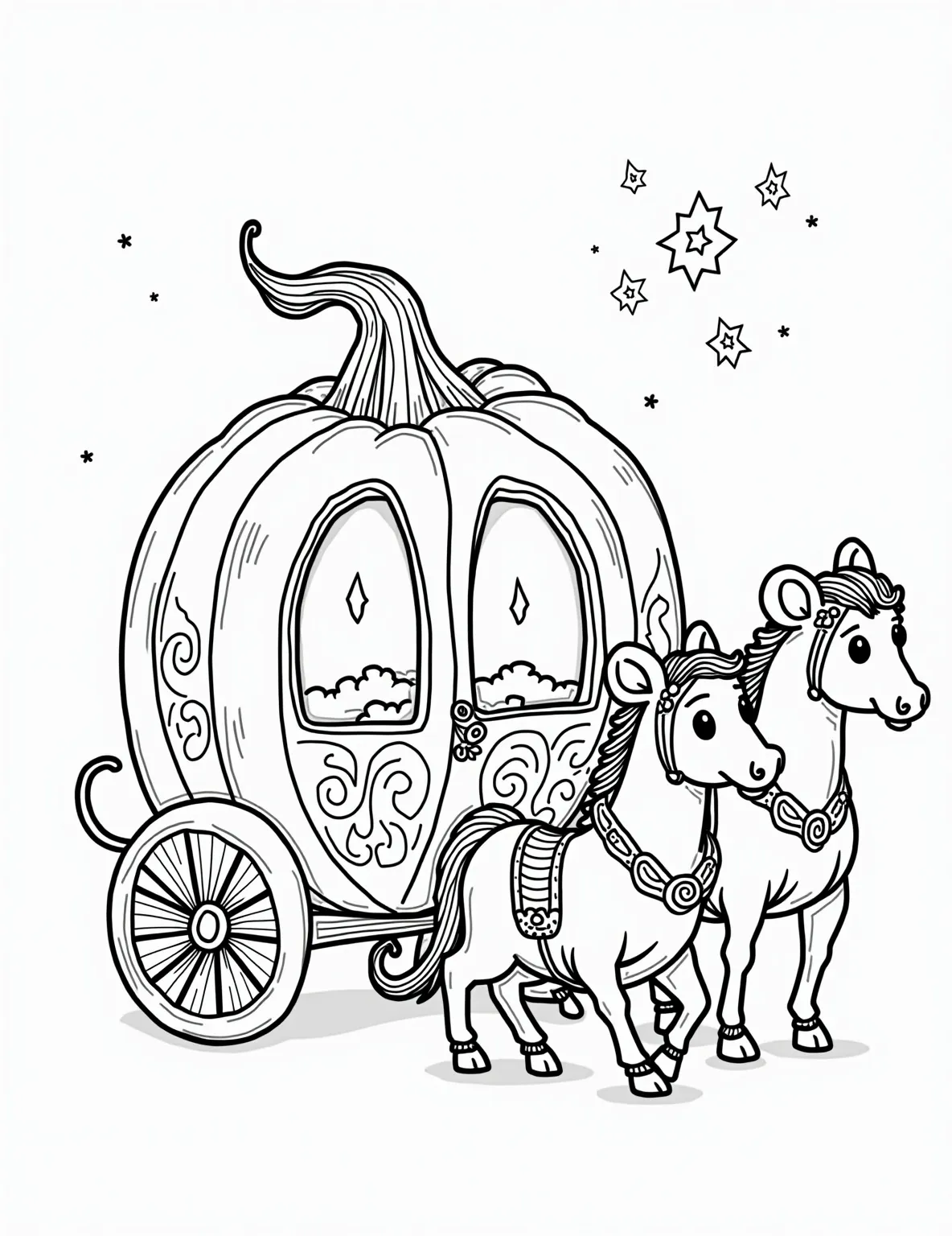 Enchanted Pumpkin Carriage -- prompt: "black lines only Enchanted pumpkin carriage, swirling vine patterns, awaits coloring. Playful mice-horses prance, starry sky backdrop. Fairy godmother's wand sparkles. Cinderella's glass slipper nestled inside. Chunky outlines perfect for crayons. Whimsical scene begs for vibrant hues. Fun, fairytale-inspired flat black lines, premium coloring page, coloring sheet, line drawing, Coloring Book, NO COLOR, NO SHADING, WHITE BACKGROUND. NO GRAY, BLACK AND WHITE, NO COLOR" -- Step into a fairy tale with this magical pumpkin carriage coloring page. Inspired by the classic Cinderella story, this whimsical scene features an ornate carriage transformed from a humble pumpkin, complete with mouse-turned horses. Young princesses and princes will delight in bringing this enchanting scene to life with their favorite colors.