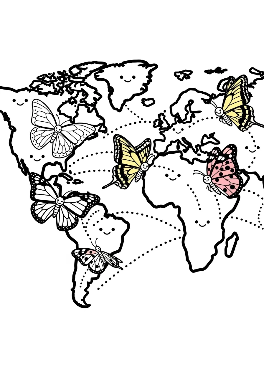 20. Butterfly Migration Map Educational Coloring Page -- prompt: "black lines only Fun coloring book page featuring cheerful world map with bold continental outlines, dotted migration paths crossing oceans, smiling monarch butterflies, swallowtails, and painted ladies positioned along routes, thick black lines, simple shapes perfect for children flat black lines, premium coloring page, coloring sheet, line drawing, Coloring Book, NO COLOR, NO SHADING, WHITE BACKGROUND. NO GRAY, BLACK AND WHITE, NO COLOR" -- Follow the incredible journey of migrating butterflies with this educational map coloring page. Flight paths are traced across continents while different butterfly species are featured along their routes. This page combines geography learning with butterfly biology in an engaging format.