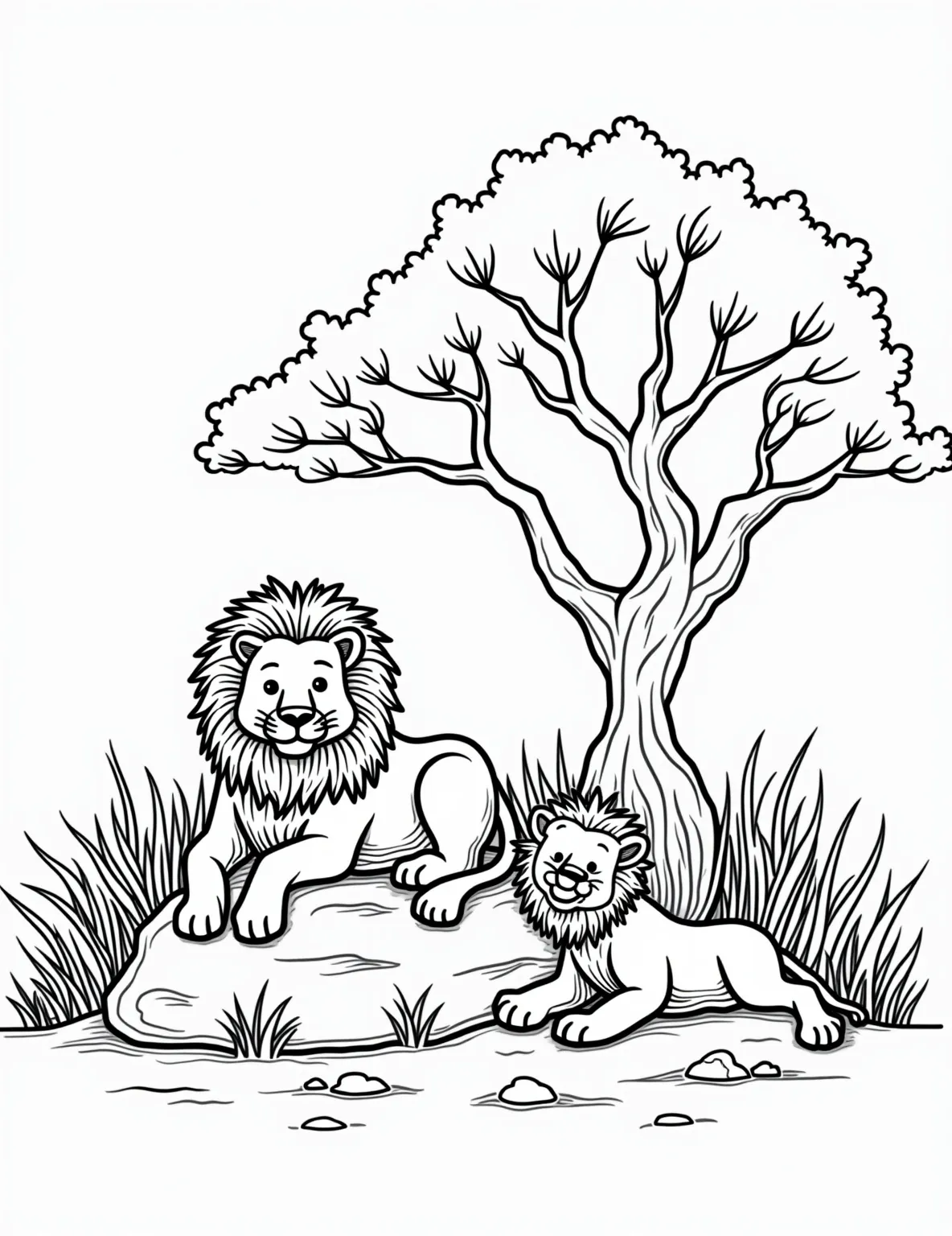 Majestic Lion Pride at Rest Coloring Page -- prompt: "black lines only Playful lion family lounges on sun-warmed rock, outlined in bold black strokes. Acacia tree's branches spread wide, leaves simplified into fun shapes. Savanna grasses swirl in stylized patterns. Empty spaces await vibrant colors, inviting imagination to roam wild African landscapes. flat black lines, premium coloring page, coloring sheet, line drawing, Coloring Book, NO COLOR, NO SHADING, WHITE BACKGROUND. NO GRAY, BLACK AND WHITE, NO COLOR" -- Rule the savanna with this regal lion pride coloring page. The family group lounging on a rocky outcrop under an acacia tree captures the essence of lion social structure. Ideal for big cat enthusiasts and those who enjoy African wildlife scenes.