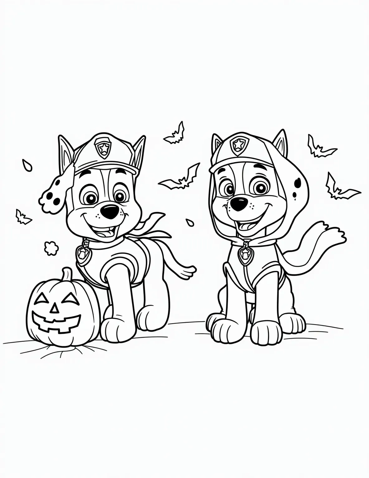 Paw Patrol Halloween Costume Party -- prompt: "black lines only Paw Patrol pups in Halloween costumes at a lively party. Bold outlines frame each character. Simplified shapes form spooky decorations. Pumpkins, bats, and cobwebs fill negative spaces. Chase as vampire, Marshall as ghost. Empty areas await coloring. Fun, child-friendly design for Halloween coloring book page. flat black lines, premium coloring page, coloring sheet, line drawing, Coloring Book, NO COLOR, NO SHADING, WHITE BACKGROUND. NO GRAY, BLACK AND WHITE, NO COLOR" -- Get ready for some spooky fun with the Paw Patrol gang! This festive coloring page shows all the pups dressed up in various Halloween costumes at a party. From ghostly Chase to witch Skye, each pup's costume reflects their personality. The background includes Halloween decorations, making this page perfect for holiday-themed coloring sessions.