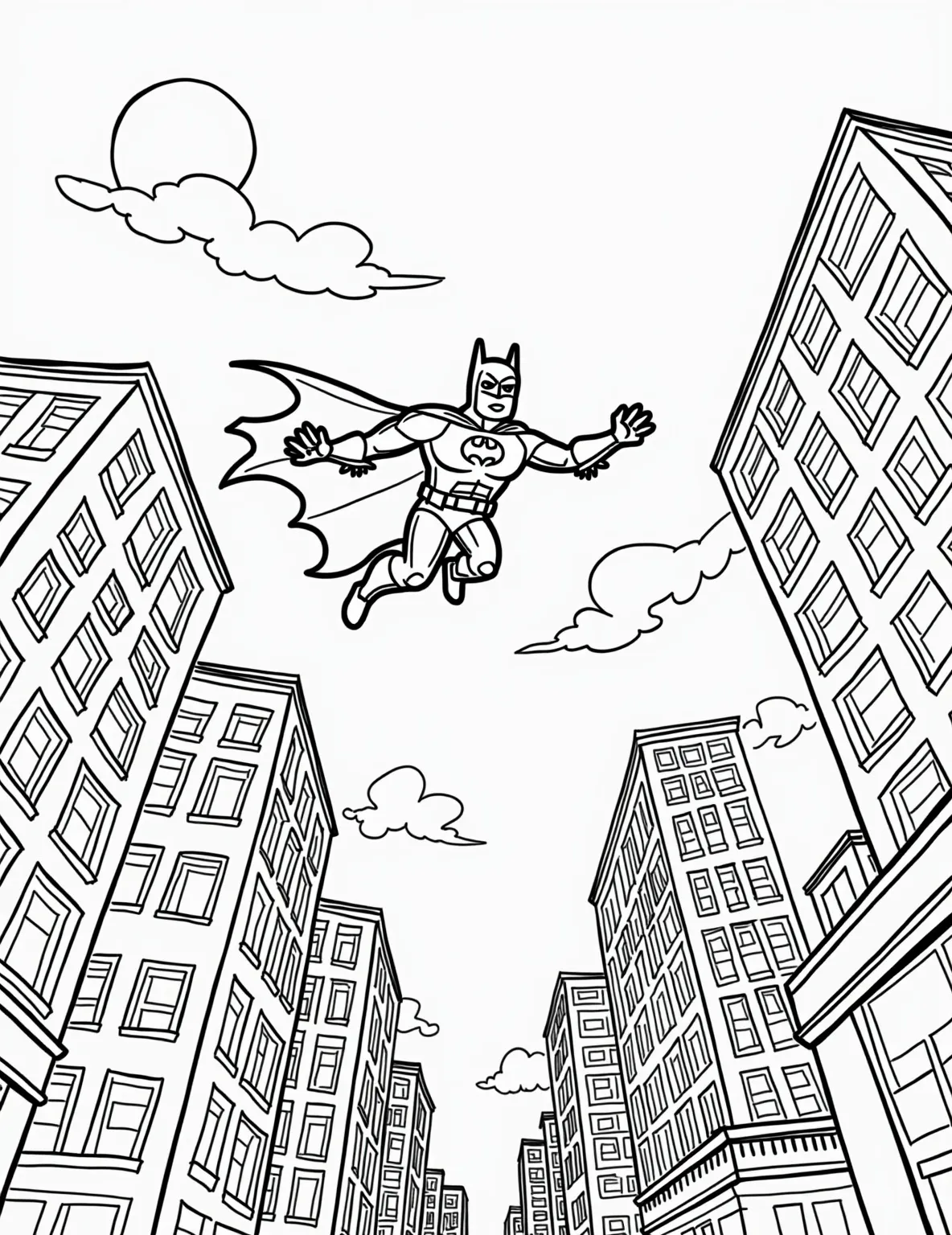 Batman Swooping Through Gotham Coloring Page -- prompt: "black lines only Batman swoops between Gotham's towering skyscrapers, his silhouette bold and defined. Cape billowing dramatically, perfect for coloring. Stylized cityscape backdrop with exaggerated angles and simplified shapes. Thick outlines emphasize dynamic action pose. Bat symbol prominently displayed. Moonlit sky with flat black lines, premium coloring page, coloring sheet, line drawing, Coloring Book, NO COLOR, NO SHADING, WHITE BACKGROUND. NO GRAY, BLACK AND WHITE, NO COLOR" -- Capture the essence of the Dark Knight with this dynamic coloring page. Batman is shown in mid-flight, cape billowing dramatically as he soars between Gotham's towering skyscrapers. This page offers a thrilling perspective that will challenge and excite coloring enthusiasts of all ages.