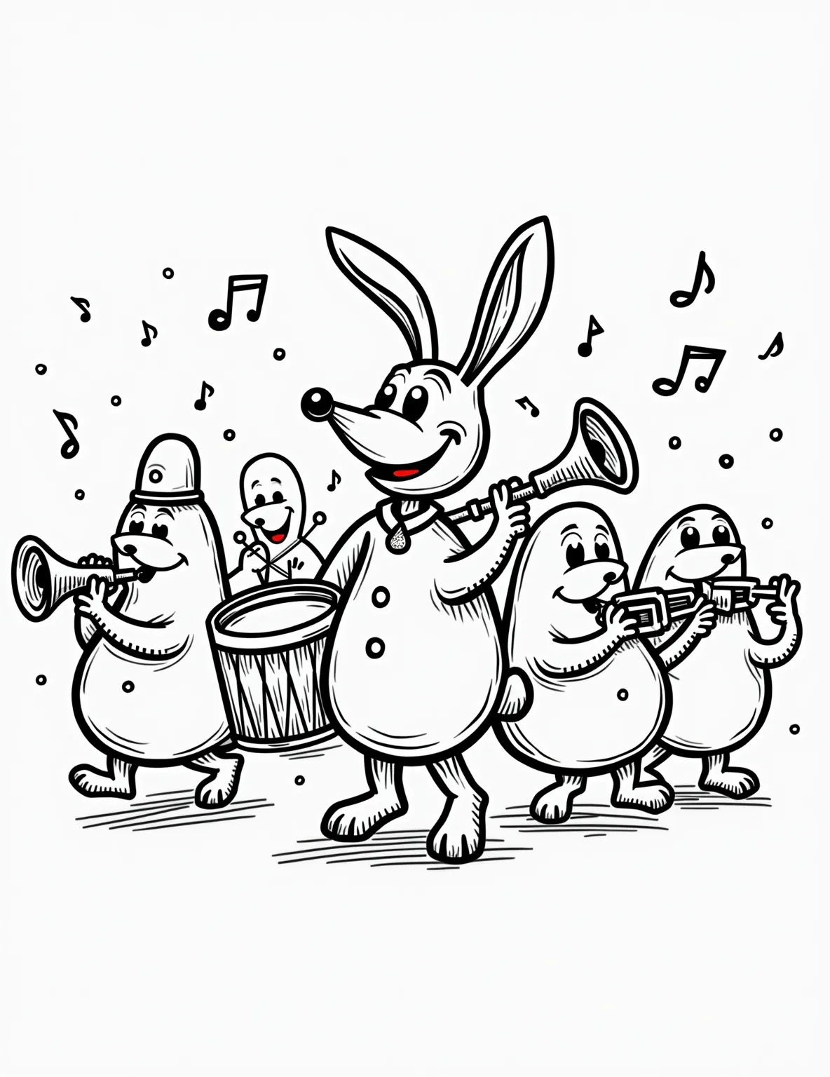 Easter Egg Marching Band Parade -- prompt: "black lines only Bold outlines frame a joyful Easter parade. Egg-shaped musicians with expressive faces play trumpets, xylophones, and tambourines. A long-eared bunny drum major leads, twirling a baton. Confetti and musical notes float around, creating a festive atmosphere. Simple shapes and patterns flat black lines, premium coloring page, coloring sheet, line drawing, Coloring Book, NO COLOR, NO SHADING, WHITE BACKGROUND. NO GRAY, BLACK AND WHITE, NO COLOR" -- Strike up the band with this musical Easter coloring page! A parade of anthropomorphic Easter eggs forms a marching band, each egg holding a different instrument. Led by a bunny drum major, the band marches past cheering crowds and colorful spring decorations.