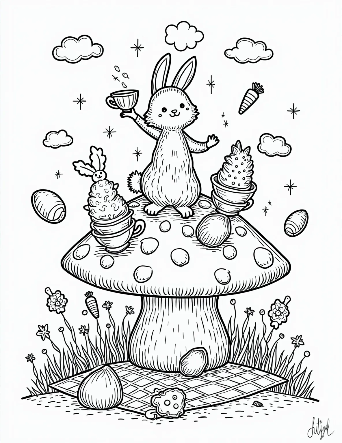 Easter Rabbit Hole Wonderland -- prompt: "black lines only Easter wonderland coloring page: Topsy-turvy teacups, floating eggs, and swirling carrot patterns. Easter Bunny hosts tea party atop giant mushroom. Rabbit tunnels wind through scene. Flowers bloom upside-down. Checkered picnic blanket defies gravity. Playful lines invite creative coloring. flat black lines, premium coloring page, coloring sheet, line drawing, Coloring Book, NO COLOR, NO SHADING, WHITE BACKGROUND. NO GRAY, BLACK AND WHITE, NO COLOR" -- Tumble down the rabbit hole into an Easter wonderland with this fantastical coloring page. The scene is filled with upside-down teacups, floating eggs, oversized flowers, and a maze of rabbit tunnels. The Easter Bunny presides over this curious tea party, inviting viewers into the madcap world.