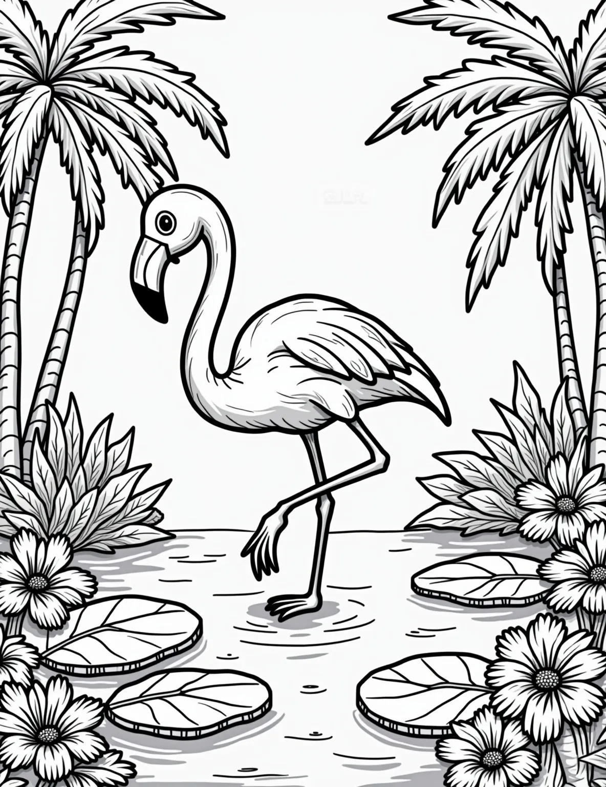 Graceful Flamingo's Lagoon Dance -- prompt: "black lines only Cartoon flamingo balancing gracefully on one leg in a vibrant lagoon. Oversized water lilies and exaggerated tropical foliage frame the scene. Bold outlines define each element, creating distinct areas for coloring. Playful fish peek from stylized waves, inviting creative expression. Fun coloring book style coloring page. flat black lines, premium coloring page, coloring sheet, line drawing, Coloring Book, NO COLOR, NO SHADING, WHITE BACKGROUND. NO GRAY, BLACK AND WHITE, NO COLOR" -- Add a splash of elegance to your coloring with this beautiful flamingo page. The flamingo is striking a pose in a shallow lagoon, surrounded by water lilies. This page offers a great opportunity to experiment with shades of pink and blue.