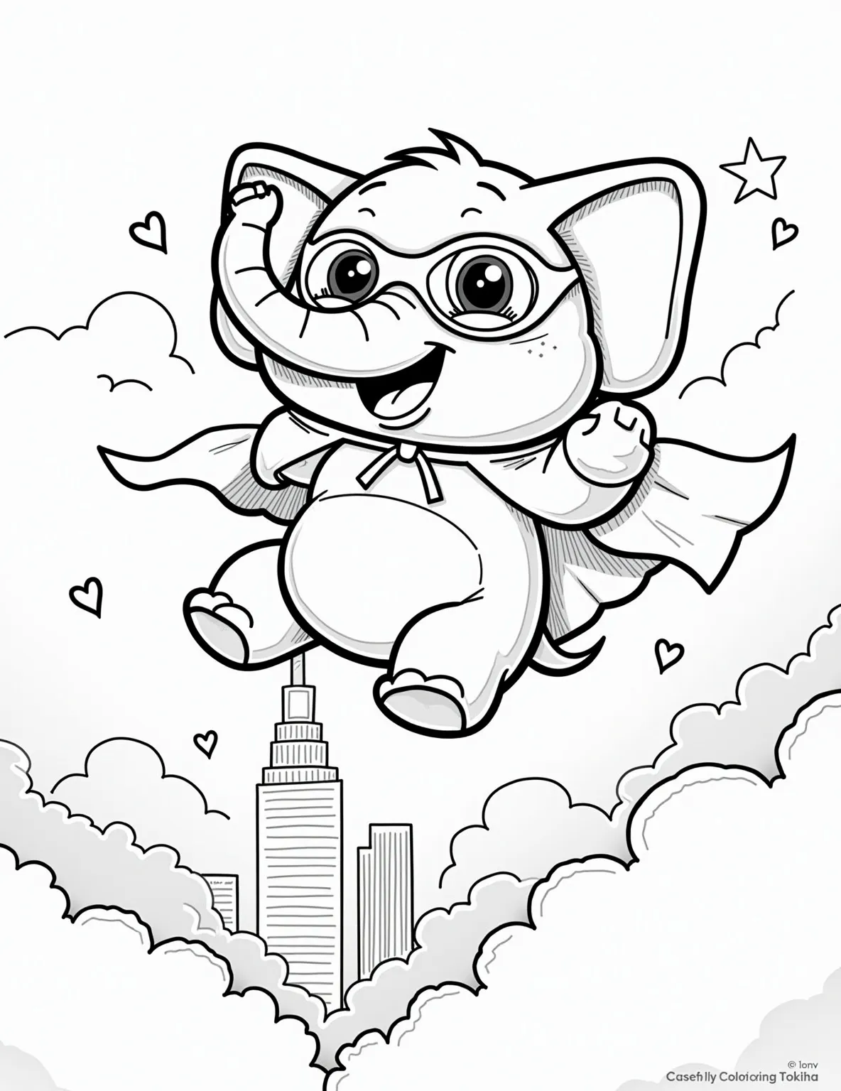 Elephant Superhero Coloring Page -- prompt: "black lines only Playful coloring page featuring a chubby cartoon elephant superhero, cape billowing. Soaring through puffy cloud outlines, past skyscraper silhouettes. Bold black lines define shapes, inviting creativity. Trunk raised triumphantly, mask askew, conveying joy and adventure. Perfect for imaginative young artists. flat black lines, premium coloring page, coloring sheet, line drawing, Coloring Book, NO COLOR, NO SHADING, WHITE BACKGROUND. NO GRAY, BLACK AND WHITE, NO COLOR" -- Up, up, and away with this elephant superhero coloring page! The elephant is wearing a cape and mask, soaring through the sky. This page is perfect for little ones who love both superheroes and animals.