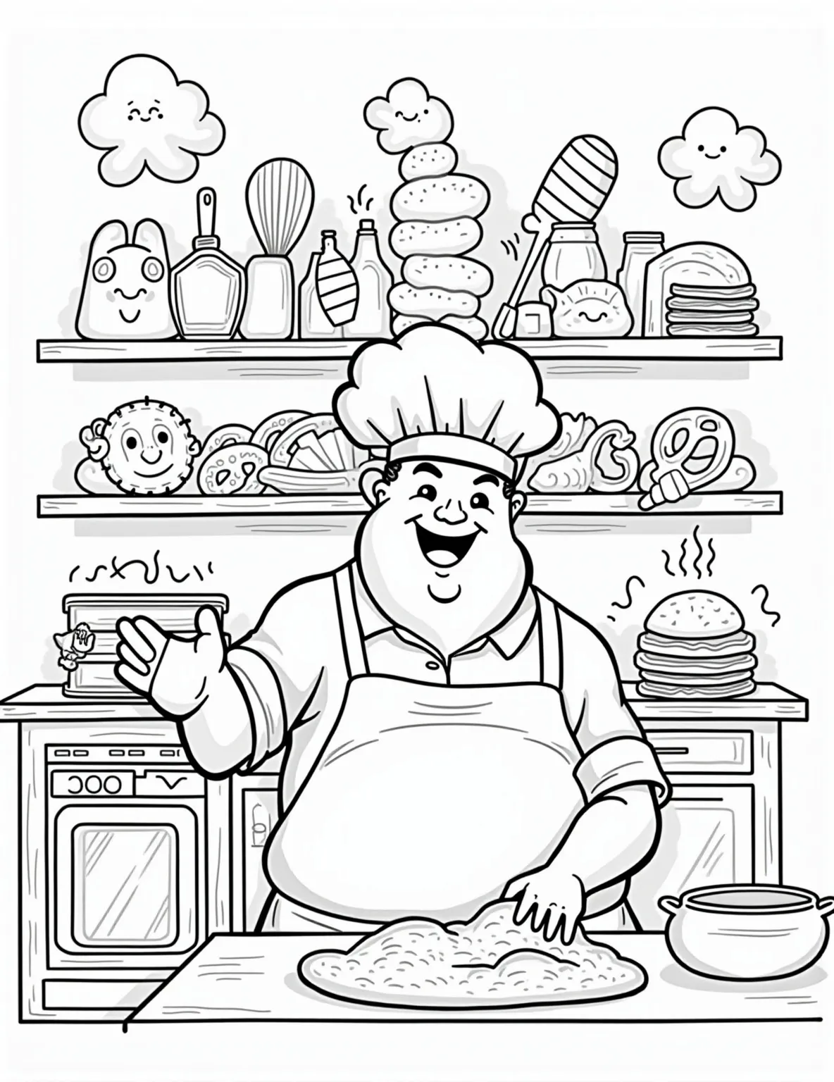 Bread Bakery Bonanza Coloring Page -- prompt: "black lines only Cheerful bakery bustling with activity. Smiling baker kneading dough. Shelves lined with cartoon-style breads: baguettes, croissants, pretzels. Oversized mixing bowls, rolling pins, and whisks scattered about. Flour clouds puff comically. Oven with smiley face. Bold outlines perfect for coloring fun. flat black lines, premium coloring page, coloring sheet, line drawing, Coloring Book, NO COLOR, NO SHADING, WHITE BACKGROUND. NO GRAY, BLACK AND WHITE, NO COLOR" -- Rise to the occasion with our Bread Bakery Bonanza coloring page! This scene showcases a variety of breads, from crusty baguettes to fluffy rolls, all fresh from the oven. It's a carb lover's dream and a great way to learn about different types of bread.