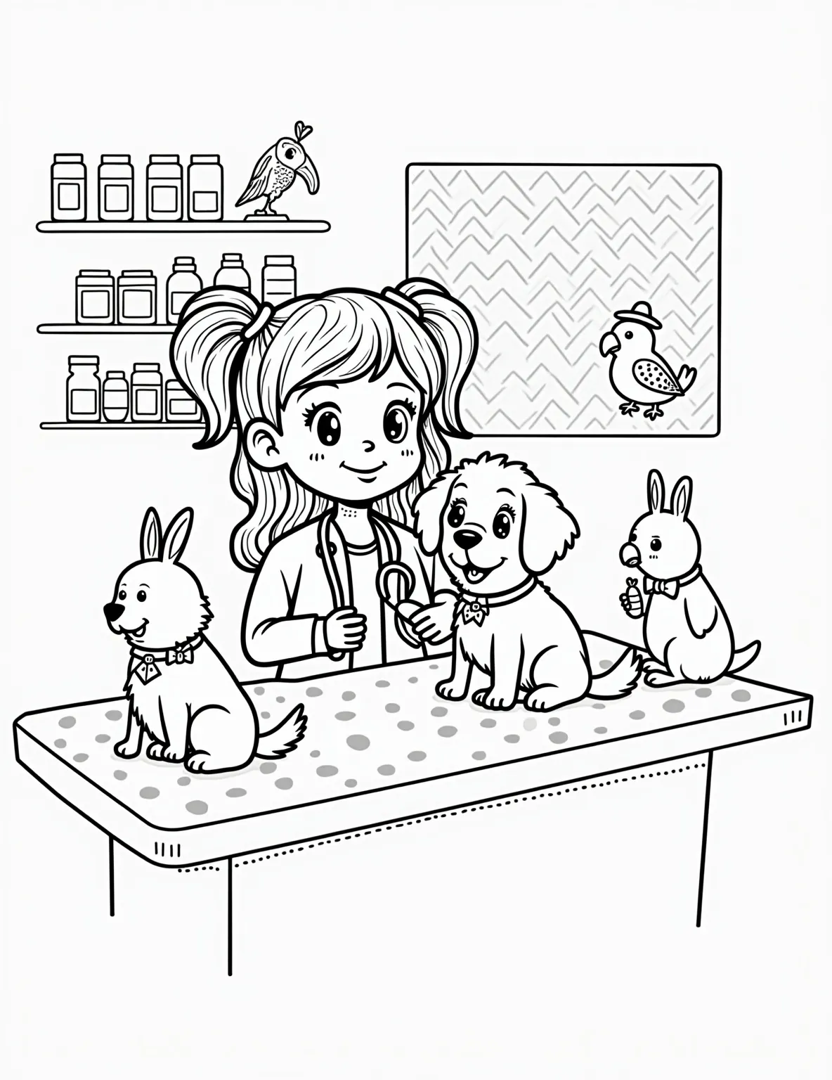 Veterinarian Girl's Animal Clinic -- prompt: "black lines only Cheerful girl veterinarian with stethoscope examines wide-eyed puppy on table. Clinic filled with bold, outlined animals: grinning cat, curious rabbit, playful parrot. Simple shapes, thick lines perfect for coloring. Shelves with medicine bottles, colorful posters on walls. Fun, educational scene for children to color. flat black lines, premium coloring page, coloring sheet, line drawing, Coloring Book, NO COLOR, NO SHADING, WHITE BACKGROUND. NO GRAY, BLACK AND WHITE, NO COLOR" -- Care for furry friends with this heartwarming veterinarian girl coloring page. Our young animal doctor is shown examining a puppy, surrounded by other pets waiting for check-ups. Medical charts and equipment add interesting details to the scene.