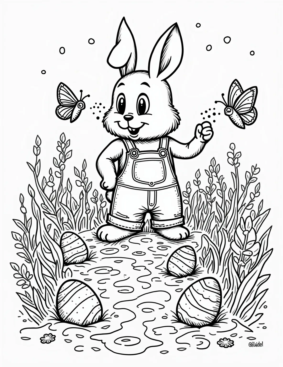 Easter Bunny's Veggie Garden -- prompt: "black lines only Easter Bunny in overalls, tending a whimsical garden. Carrot-shaped eggs sprout from soil. Ladybugs water radish-eggs, butterflies pollinate tomato-eggs. Thick, bold outlines define each element. Simplified shapes and patterns fill empty spaces. Garden path meanders through scene. Coloring book style flat black lines, premium coloring page, coloring sheet, line drawing, Coloring Book, NO COLOR, NO SHADING, WHITE BACKGROUND. NO GRAY, BLACK AND WHITE, NO COLOR" -- Join the Easter Bunny in his bountiful vegetable garden with this wholesome coloring page. The scene shows the bunny tending to rows of carrots, lettuces, and other vegetables, all growing in the shape of Easter eggs. Helpful insects and garden tools add charming details to this spring scene.