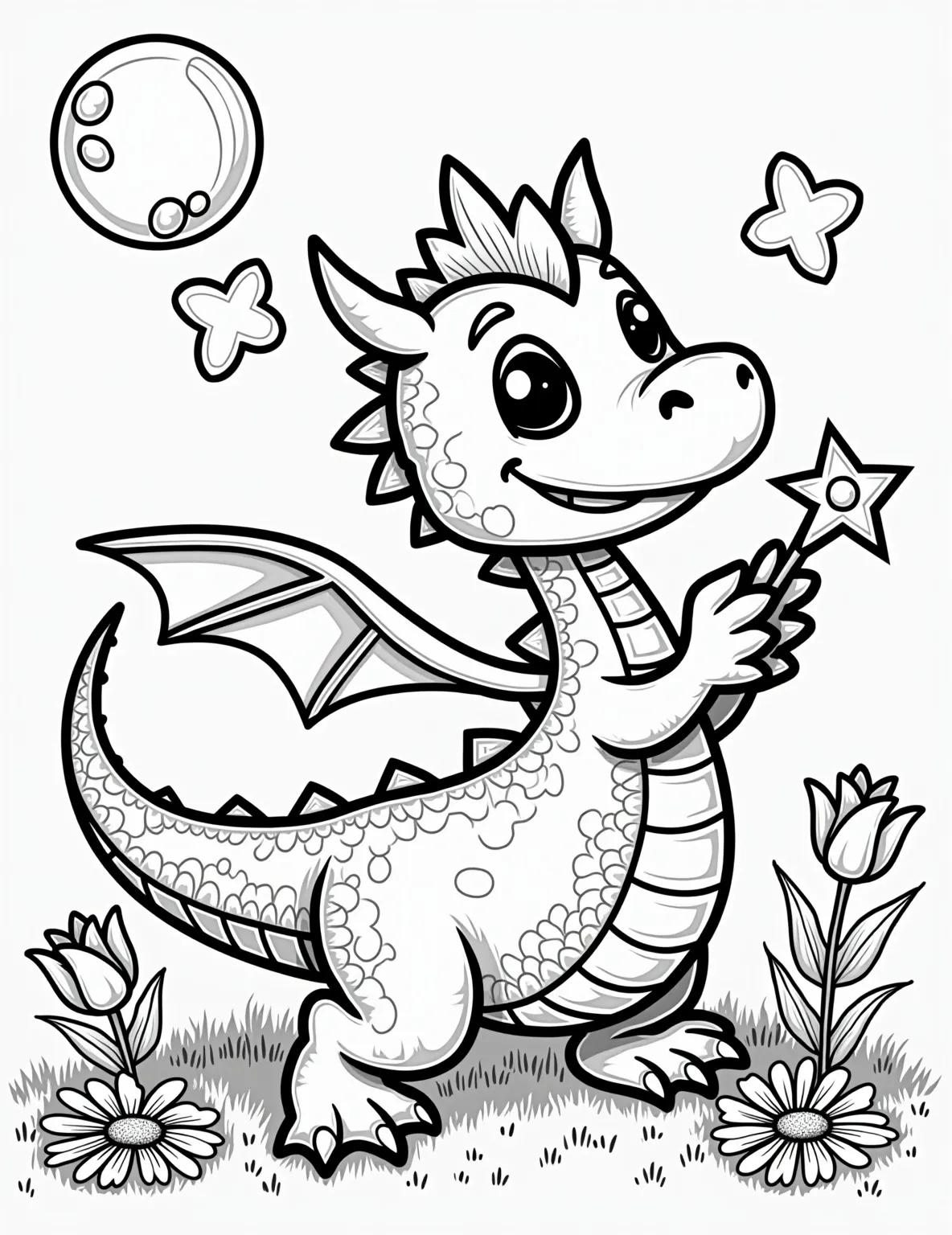 Dragon Playing with Bubbles Coloring Page -- prompt: "black lines only Playful dragon with wide grin, outlined in bold black strokes. Soap bubbles float around, some bursting into star shapes. Simplified daisy and tulip outlines dot grassy field. Dragon's tail curls into spiral. Bubble wand in claw, scales as simple geometric patterns. Coloring book style scene radiates joy. flat black lines, premium coloring page, coloring sheet, line drawing, Coloring Book, NO COLOR, NO SHADING, WHITE BACKGROUND. NO GRAY, BLACK AND WHITE, NO COLOR" -- Delight in the playful side of dragons with this dragon playing with bubbles coloring page. A cheerful dragon blows and chases soap bubbles, creating a scene of pure joy. This lighthearted page is perfect for adding a pop of fun to your coloring session.