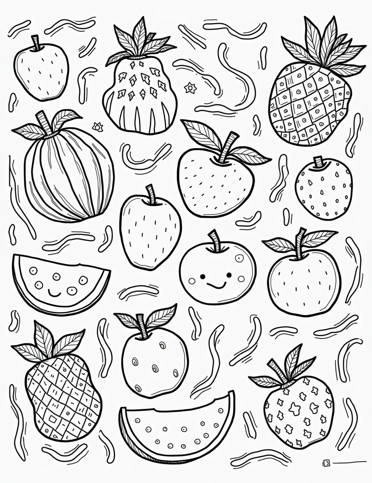 Fruit Basket Bonanza Coloring Page -- prompt: "black lines only Vibrant fruit basket overflowing with playful shapes: striped watermelons, polka-dot apples, zigzag pineapples, swirly oranges. Bold outlines perfect for coloring. Leaves and vines intertwine, creating hidden paths. A cheerful cornucopia inviting creativity, laughter, and fruity imagination. Coloring book style flat black lines, premium coloring page, coloring sheet, line drawing, Coloring Book, NO COLOR, NO SHADING, WHITE BACKGROUND. NO GRAY, BLACK AND WHITE, NO COLOR" -- Dive into a world of fruity delight with our Fruit Basket Bonanza coloring page! This bountiful basket is overflowing with a variety of fruits, from apples and oranges to grapes and bananas. Each fruit has distinct patterns and textures, offering a great opportunity to practice different coloring techniques.