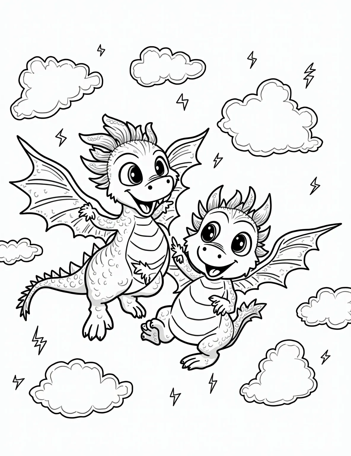 Fierce Dragon Battle in the Sky -- prompt: "black lines only Playful dragon duo soars through stormy skies, their scales outlined in bold black lines. Lightning bolts zigzag between fluffy cloud shapes. Swooping tails and outstretched wings create dynamic patterns. Simple yet expressive facial features capture their fierce battle. Perfect for coloring enthusiasts. flat black lines, premium coloring page, coloring sheet, line drawing, Coloring Book, NO COLOR, NO SHADING, WHITE BACKGROUND. NO GRAY, BLACK AND WHITE, NO COLOR" -- An action-packed coloring page depicting two dragons engaged in an epic aerial battle. The dynamic poses and clashing elements create an exciting scene for coloring enthusiasts. This page is ideal for older children and adults who enjoy more complex and dramatic illustrations.