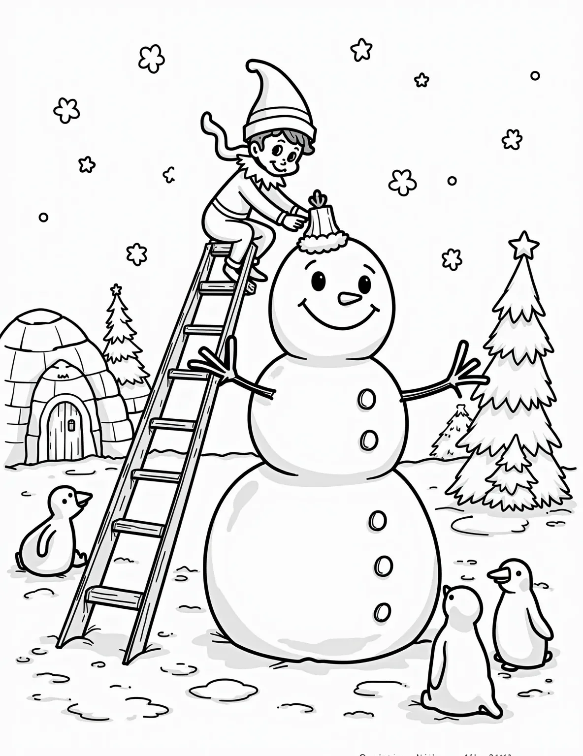 Elf's Snowman Building Party -- prompt: "black lines only Playful Elf on the Shelf character perched on tiny ladder, crafting giant snowman. Surrounding snow sculptures include igloos, animals, and castles. Bold outlines define each element, creating a charming coloring page scene. Empty spaces await creative coloring. Festive holiday atmosphere flat black lines, premium coloring page, coloring sheet, line drawing, Coloring Book, NO COLOR, NO SHADING, WHITE BACKGROUND. NO GRAY, BLACK AND WHITE, NO COLOR" -- Join the winter fun in this cheerful coloring page featuring our Elf on the Shelf building a snowman. The elf is shown balancing on a ladder, placing the finishing touches on an impressively large snowman. Scattered around are snow angels and other half-built snowmen, creating a lively winter scene.