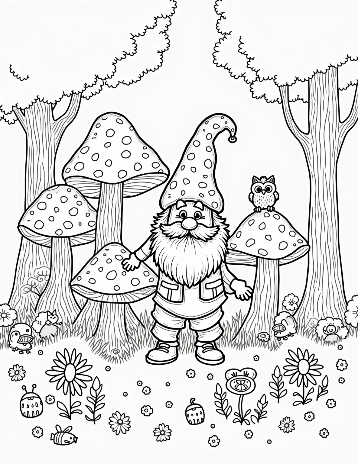 Gnome's Mushroom Garden -- prompt: "black lines only Cheerful gnome in pointy hat tending oversized polka-dot mushrooms. Smiling forest creatures peek from behind trees and flowers. Bold outlines, simple shapes, and large empty spaces perfect for coloring. Whimsical scene with hidden details to discover. Enchanted garden setting flat black lines, premium coloring page, coloring sheet, line drawing, Coloring Book, NO COLOR, NO SHADING, WHITE BACKGROUND. NO GRAY, BLACK AND WHITE, NO COLOR" -- Explore a whimsical garden tended by a friendly gnome in this charming coloring page. Oversized mushrooms of different varieties tower over the tiny gnome as he waters his prized fungal crop. Look closely to spot hidden forest creatures among the mushroom stems.