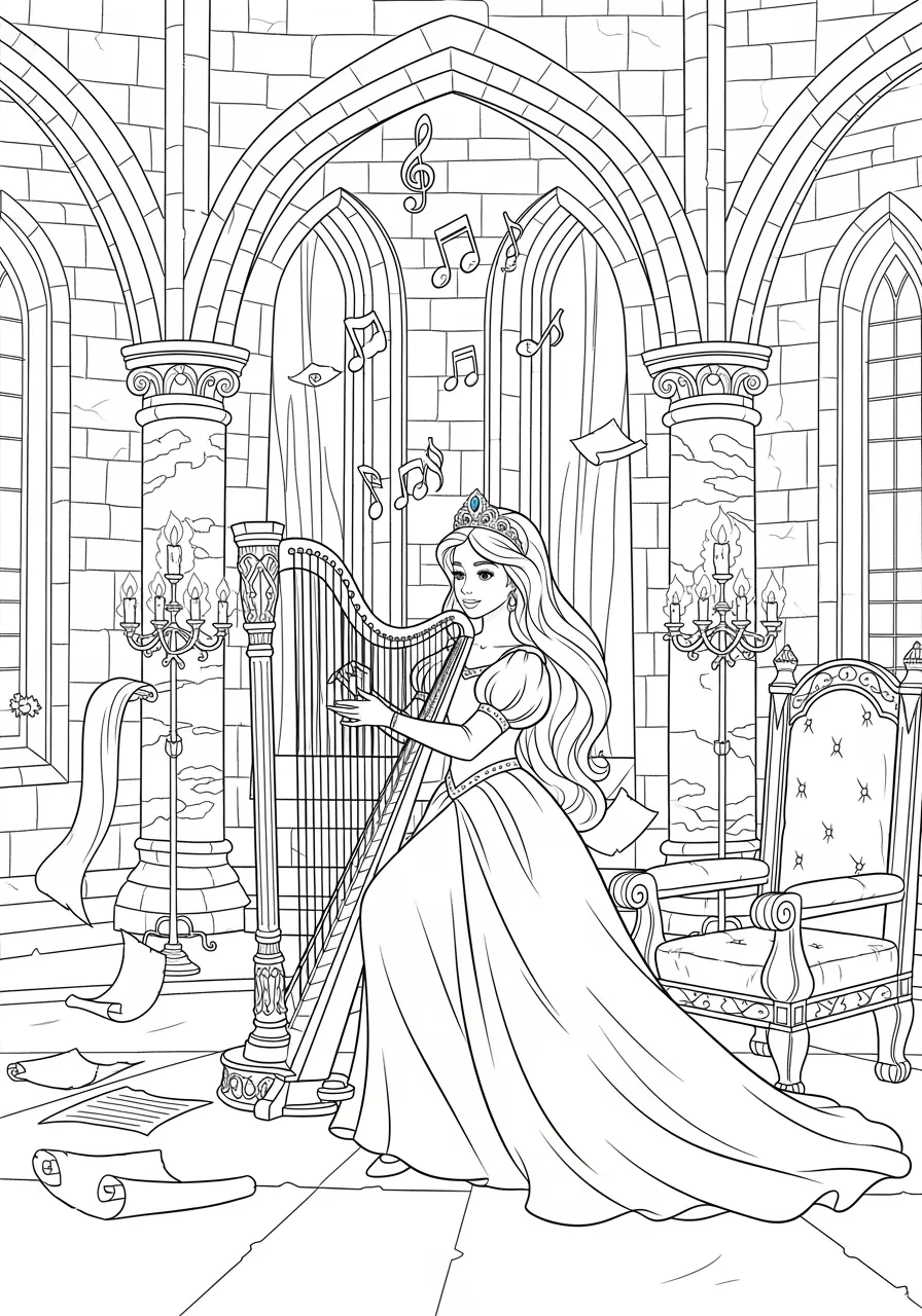 Princess Music Lesson with Royal Harp Coloring Page -- prompt: "black lines only Fun coloring book style princess with flowing gown and crown playing ornate golden harp, castle music room features tall arched windows, floating musical notes, decorative pillars, scattered sheet music, plush cushioned chair, elegant candelabras, simple bold outlines perfect for coloring flat black lines, premium coloring page, coloring sheet, line drawing, Coloring Book, NO COLOR, NO SHADING, WHITE BACKGROUND. NO GRAY, BLACK AND WHITE, NO COLOR" -- This elegant coloring page depicts a talented princess practicing her musical skills on a beautiful golden harp in the castle music room. Sheet music stands nearby while sunlight creates patterns on the ornate carpet. Her concentration and grace show her dedication to the musical arts.