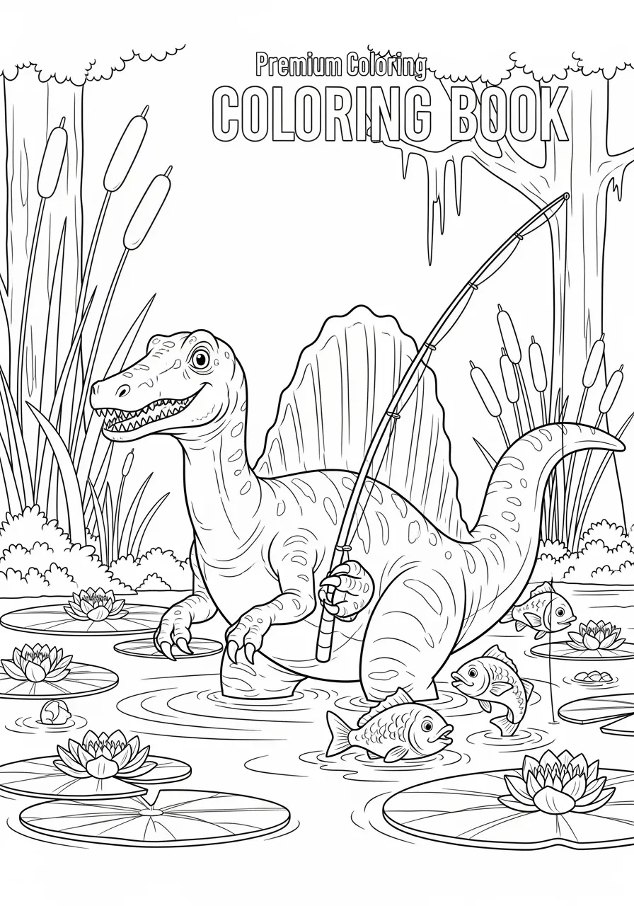 Fearsome Spinosaurus Fishing in Swamp Coloring Page -- prompt: "black lines only A friendly Spinosaurus dinosaur with bold black outlines and large decorative sail fishing in prehistoric swamp, surrounded by lily pads, cattails, and jumping fish, simple clean lines perfect for children's coloring book page flat black lines, premium coloring page, coloring sheet, line drawing, Coloring Book, NO COLOR, NO SHADING, WHITE BACKGROUND. NO GRAY, BLACK AND WHITE, NO COLOR" -- Watch as the sail-backed Spinosaurus demonstrates its unique hunting technique while fishing in a prehistoric swamp. This semi-aquatic predator's distinctive fin and crocodile-like snout are perfectly adapted for its watery lifestyle. The detailed swamp environment with ancient plants and water features makes this an immersive coloring adventure that showcases dinosaur diversity.