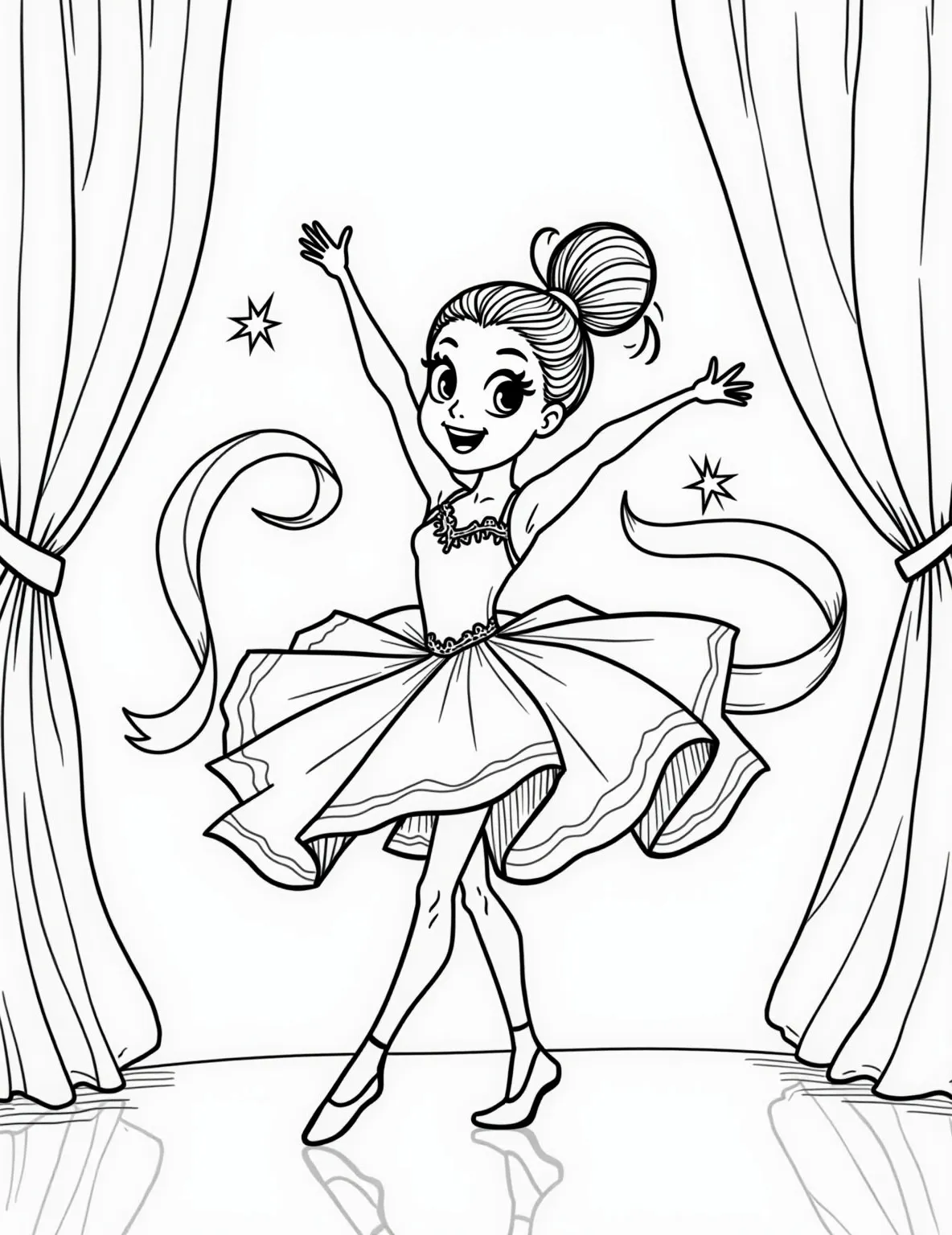 Ballerina Stretching Before Performance Coloring Page -- prompt: "black lines only Ballerina in bold, outlined tutu stretches gracefully on polished floor. Ribbons swirl around her, creating intricate patterns. Stage curtains frame the scene. Simplified facial features and exaggerated limbs capture movement. Empty spaces invite colorful imagination. Coloring book style with thick, continuous lines. flat black lines, premium coloring page, coloring sheet, line drawing, Coloring Book, NO COLOR, NO SHADING, WHITE BACKGROUND. NO GRAY, BLACK AND WHITE, NO COLOR" -- This detailed coloring page showcases a ballerina in her pre-performance routine. She's seated on the floor, extending into a graceful stretch that highlights her flexibility. Her face shows calm focus, and her costume sparkles with intricate designs, perfect for detailed coloring.