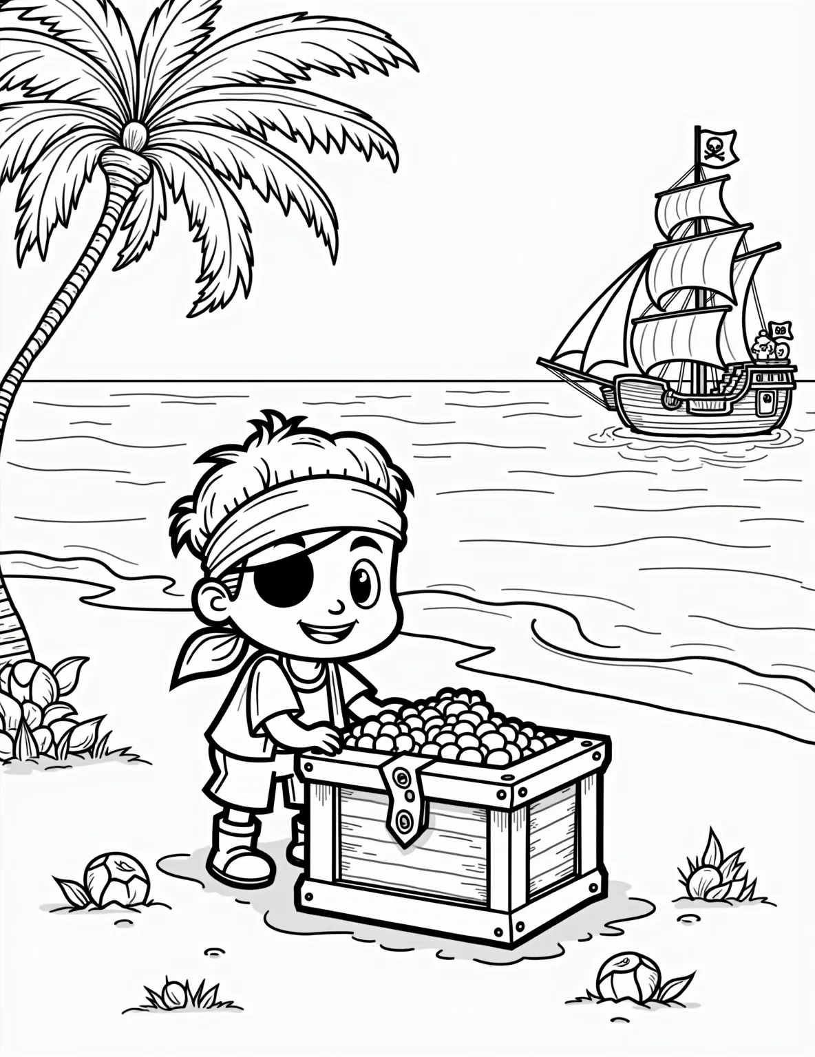 Pirate Treasure Island Adventure Coloring Page -- prompt: "black lines only Coloring page of young buccaneer opening ornate treasure chest on sandy beach. Palm trees frame scene. Simplistic pirate ship with billowing sails in distance. Bold outlines, large empty spaces for coloring. Playful, childlike interpretation of pirate adventure. Jolly Roger flag flutters atop flat black lines, premium coloring page, coloring sheet, line drawing, Coloring Book, NO COLOR, NO SHADING, WHITE BACKGROUND. NO GRAY, BLACK AND WHITE, NO COLOR" -- Set sail for excitement with this swashbuckling pirate treasure island coloring page! It depicts a young boy pirate discovering a chest full of gold on a tropical beach. This page is perfect for boys who love adventure and dream of finding hidden treasures.