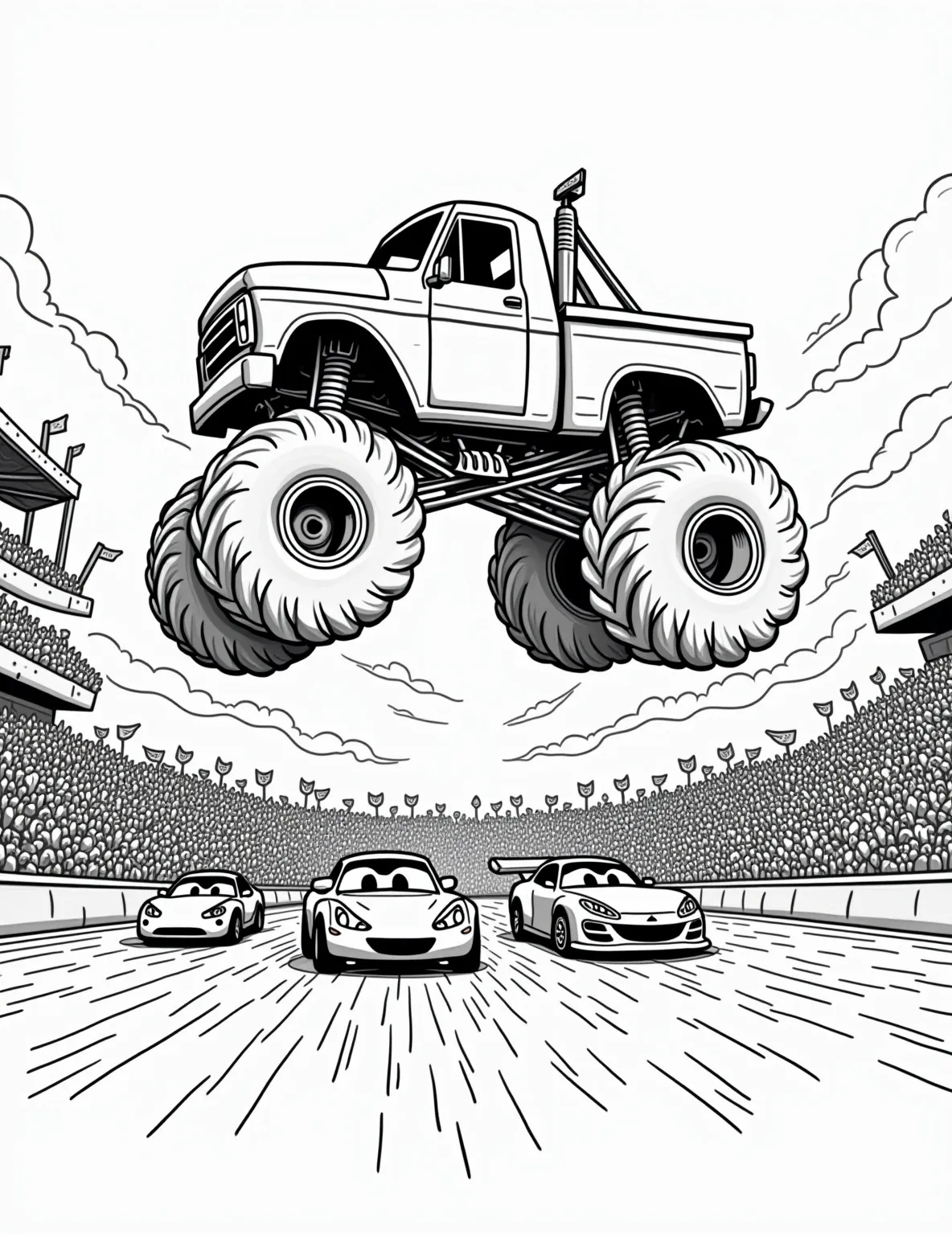 Monster Truck Rally Coloring Page -- prompt: "black lines only Chunky outlined monster truck soaring over flattened cartoon cars, stadium filled with wide-eyed stick figure spectators. Bold, simple shapes perfect for coloring. Wavy motion lines show truck's path. Cheering crowd holds flags. Announcer's booth visible. Finish line banner stretches across. flat black lines, premium coloring page, coloring sheet, line drawing, Coloring Book, NO COLOR, NO SHADING, WHITE BACKGROUND. NO GRAY, BLACK AND WHITE, NO COLOR" -- Rev up your engines with this thrilling monster truck coloring page! The page showcases a massive monster truck mid-jump, crushing smaller cars beneath its giant wheels. With flames, dust clouds, and an excited crowd, this action-packed scene is perfect for boys who love big, powerful vehicles.