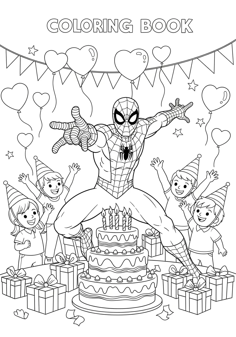 Spiderman Birthday Party Coloring Page -- prompt: "black lines only Spiderman poses heroically at cheerful birthday celebration, surrounded by smiling children wearing party hats, floating heart-shaped balloons, towering three-tier cake with candles, presents scattered nearby, bold black outlines, simple shapes perfect for coloring book pages flat black lines, premium coloring page, coloring sheet, line drawing, Coloring Book, NO COLOR, NO SHADING, WHITE BACKGROUND. NO GRAY, BLACK AND WHITE, NO COLOR" -- This joyful party scene features everyone's favorite superhero celebrating with children at a festive birthday gathering complete with balloons, cake, and party decorations. The cheerful atmosphere and multiple characters create an engaging coloring experience that's perfect for special occasions. Children will love imagining what it would be like to have Spiderman attend their own birthday celebration.