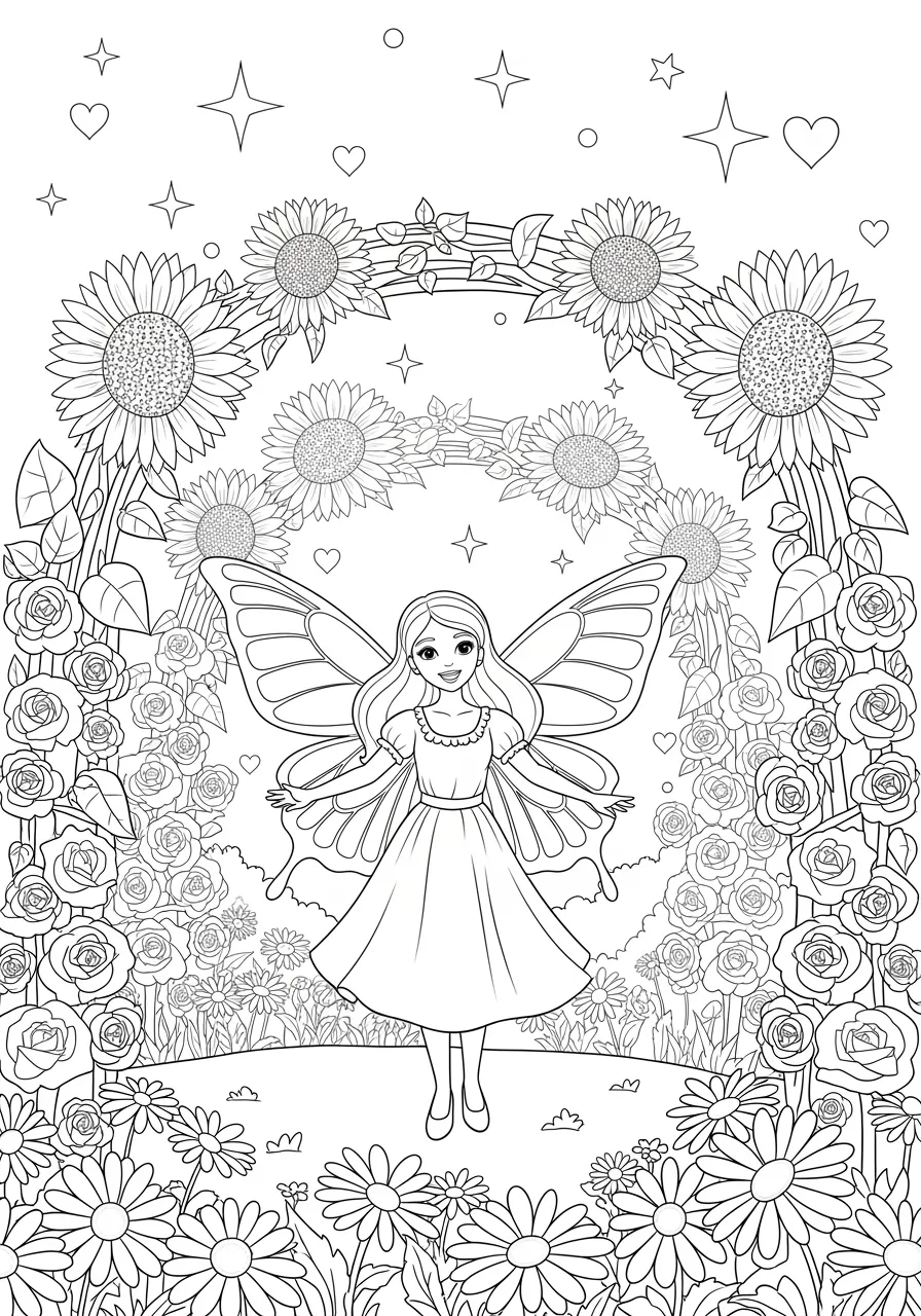 10. Butterfly Fairy Tale Princess Coloring Page -- prompt: "black lines only Cheerful fairy princess with large butterfly wings spreads arms wide in blooming garden, surrounded by oversized sunflowers, roses, and daisies, magical stars and hearts floating above, bold black outlines, simple shapes perfect for children's coloring book pages flat black lines, premium coloring page, coloring sheet, line drawing, Coloring Book, NO COLOR, NO SHADING, WHITE BACKGROUND. NO GRAY, BLACK AND WHITE, NO COLOR" -- A magical fairy princess with beautiful butterfly wings stands in an enchanted garden setting. Her flowing dress and delicate wing details create an ethereal, fantasy-inspired coloring experience. Surrounding flowers and magical sparkles add to the fairy tale atmosphere.