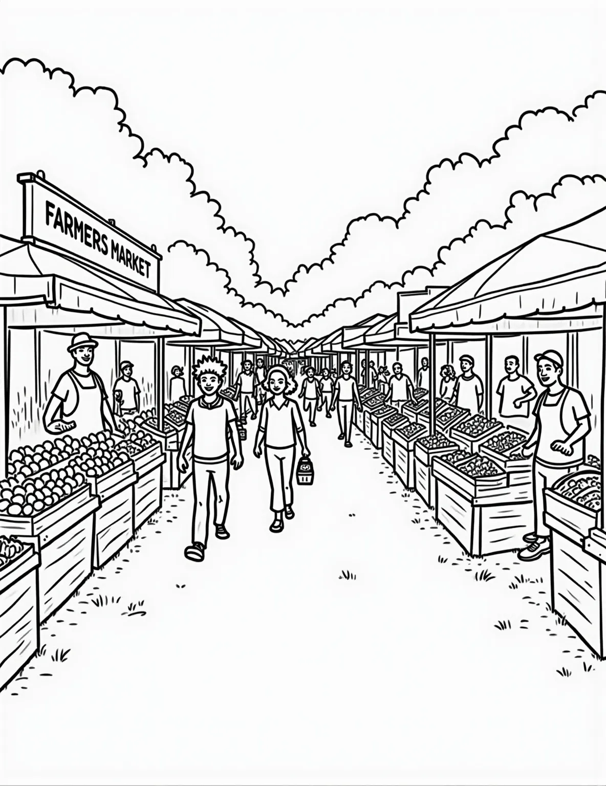 Farmers Market Bounty Coloring Page -- prompt: "black lines only Bustling farmers market with bold, simplified outlines for coloring. Cheerful vendors behind stalls overflowing with vibrant produce, blooming flowers, and handcrafted goods. Smiling shoppers browse, carrying baskets. Playful signage and banners add whimsy. Lively scene captures community spirit, flat black lines, premium coloring page, coloring sheet, line drawing, Coloring Book, NO COLOR, NO SHADING, WHITE BACKGROUND. NO GRAY, BLACK AND WHITE, NO COLOR" -- Experience the vibrant atmosphere of a local farmers market with our Farmers Market Bounty coloring page! This bustling scene features stalls overflowing with fresh produce, flowers, and homemade goods. It's a celebration of local food and community spirit that offers a rich, detailed coloring experience.