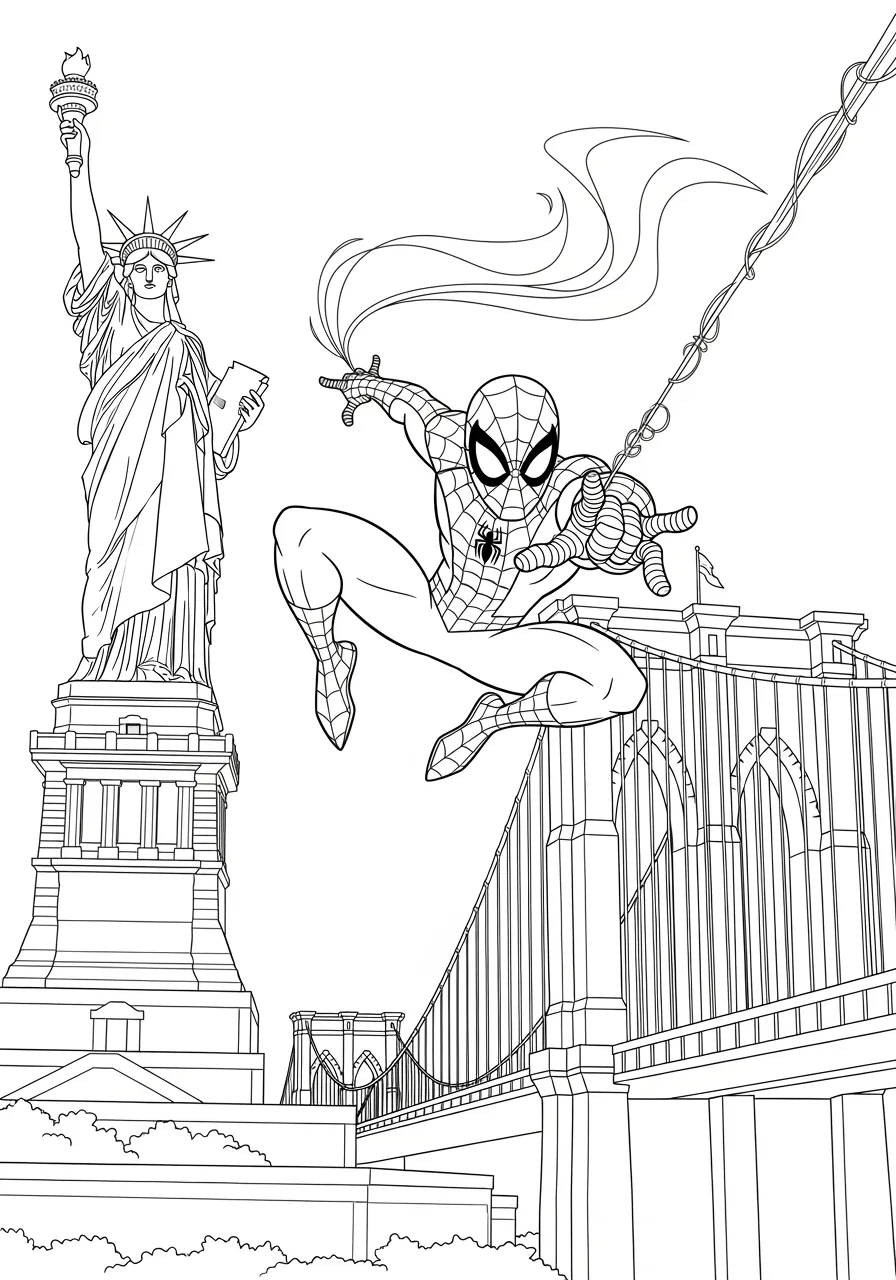 Spiderman's New York Adventure Coloring Page -- prompt: "black lines only Spiderman swinging between bold outlined Statue of Liberty and Brooklyn Bridge, thick black contours define superhero pose and architectural features, clean white backgrounds with simple geometric patterns, cheerful cartoon-style illustration perfect for children's coloring activities flat black lines, premium coloring page, coloring sheet, line drawing, Coloring Book, NO COLOR, NO SHADING, WHITE BACKGROUND. NO GRAY, BLACK AND WHITE, NO COLOR" -- This educational adventure scene takes Spiderman on a tour of New York City's most famous landmarks, combining superhero excitement with geography learning. The detailed architectural elements provide excellent coloring challenges while teaching children about American history and culture. This design is perfect for combining entertainment with educational value in a single engaging activity.