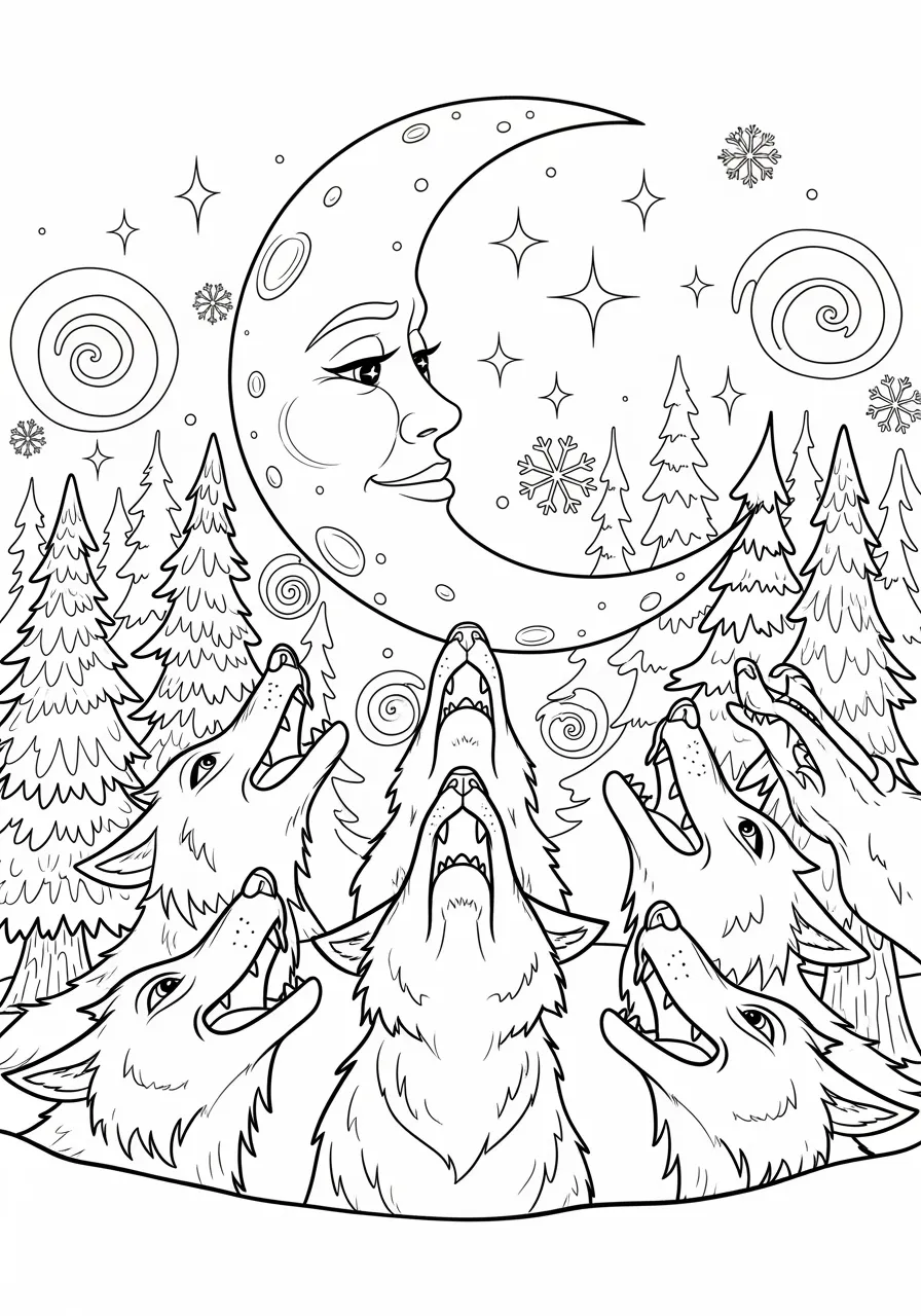 Majestic Wolf Pack Moon Ritual Coloring Page -- prompt: "black lines only Five cartoon wolves with expressive faces howling joyfully at a large smiling full moon, surrounded by cheerful pine trees with visible bark texture, snowflakes dancing around them, bold black outlines perfect for coloring, playful winter wonderland scene flat black lines, premium coloring page, coloring sheet, line drawing, Coloring Book, NO COLOR, NO SHADING, WHITE BACKGROUND. NO GRAY, BLACK AND WHITE, NO COLOR" -- This atmospheric adult coloring page depicts a wolf pack howling at a full moon in a snow-covered forest clearing. The detailed fur textures and intricate forest backdrop provide a challenging coloring experience for advanced artists. It's perfect for those who appreciate wildlife art and the mystical beauty of nocturnal creatures.