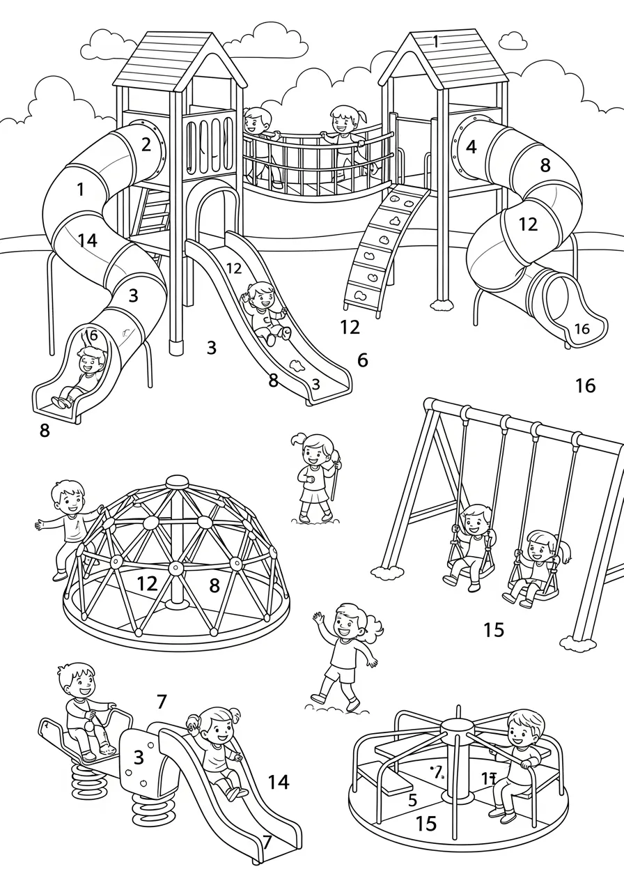 Number Playground Fun Coloring Page -- prompt: "black lines only Fun coloring book style playground scene with bold black outlines, simple shapes. Numbered equipment 1-16: curvy slides, chain swings, monkey bars, see-saws. Happy children climbing, sliding, laughing. Clear numbering labels, open white spaces ready for bright crayons and markers. flat black lines, premium coloring page, coloring sheet, line drawing, Coloring Book, NO COLOR, NO SHADING, WHITE BACKGROUND. NO GRAY, BLACK AND WHITE, NO COLOR" -- The playground becomes a number wonderland where slides, swings, and monkey bars each display numbers 1 through 16! Children play hopscotch on a numbered grid while others count the rungs on the climbing equipment. This active scene shows how numbers are part of everyday play and exercise.