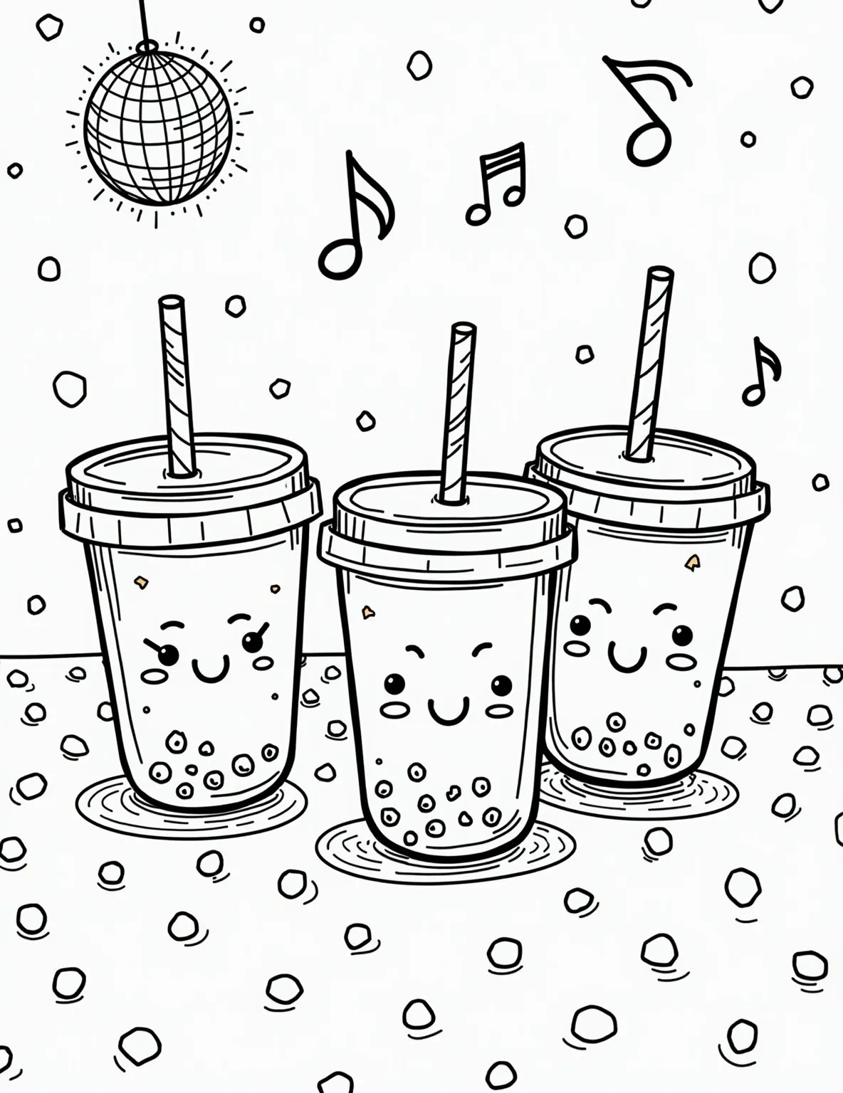 Kawaii Boba Tea Dance Party -- prompt: "black lines only Kawaii boba tea cups twirl on a polka-dot dance floor, their outlines bold and inviting. A chunky tapioca pearl disco ball hangs above, its facets begging to be filled. Oversized boba straws form a DJ booth, their curves perfect for coloring. Bubbly music notes float, ready for vibrant hues. flat black lines, premium coloring page, coloring sheet, line drawing, Coloring Book, NO COLOR, NO SHADING, WHITE BACKGROUND. NO GRAY, BLACK AND WHITE, NO COLOR" -- Get ready to groove with this adorable boba tea dance party scene! Cute anthropomorphic boba cups are busting out their best moves on a colorful dance floor. Look out for the disco ball made of shimmering tapioca pearls and the DJ booth crafted from giant boba straws.