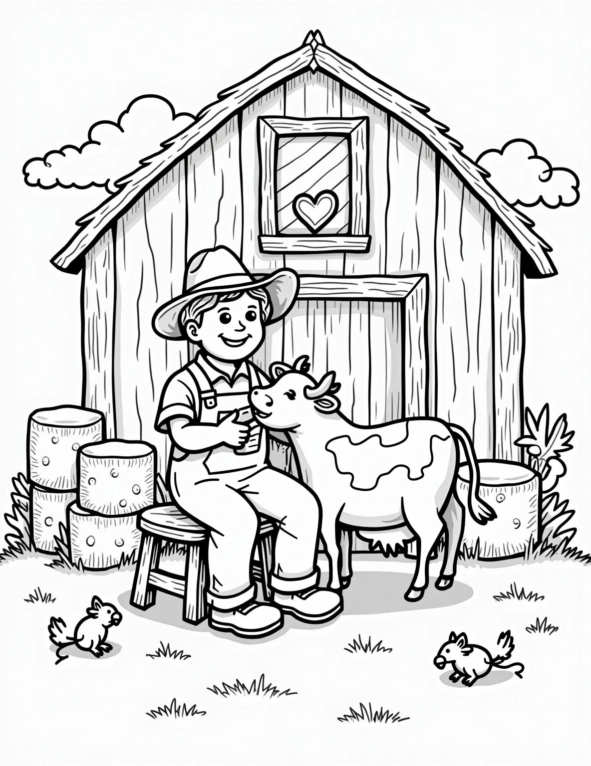 Farmer Milking a Cow -- prompt: "black lines only Cheerful farmer in overalls perched on wooden stool, milking spotted cow. Barn interior with hay bales, pitchfork, and hanging lantern. Bold outlines, simple shapes, large areas for coloring. Sunbeams through window illuminate floating dust particles. Playful mice peek from corners. Remember to complete the phrase and end it naturally within the 40-word limit. flat black lines, premium coloring page, coloring sheet, line drawing, Coloring Book, NO COLOR, NO SHADING, WHITE BACKGROUND. NO GRAY, BLACK AND WHITE, NO COLOR" -- This traditional farm scene shows a farmer milking a cow by hand. The detailed illustration includes the barn interior, milk pail, and the cow's patient expression. It's a great opportunity to learn about farm life while coloring.