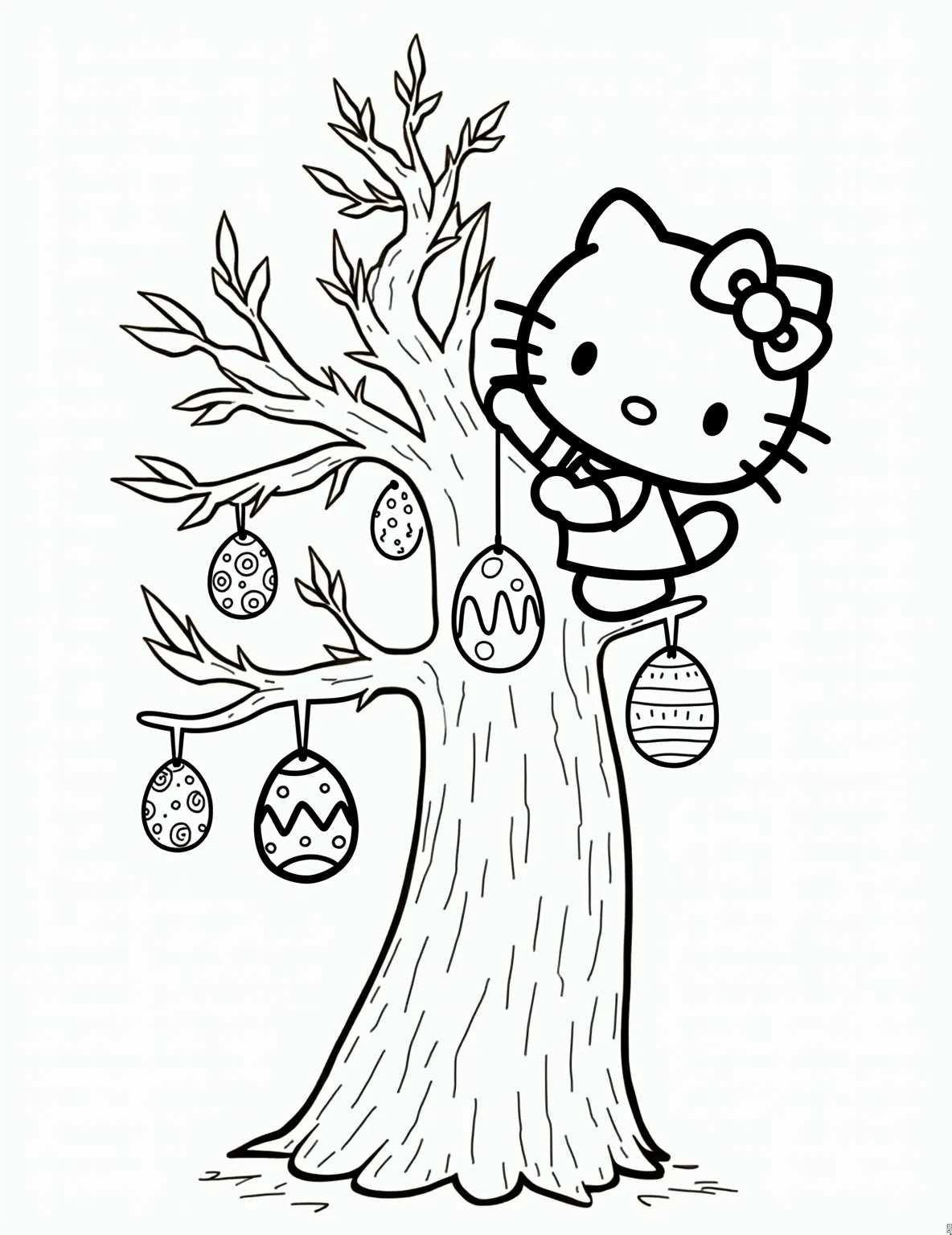 Hello Kitty's Easter Egg Tree -- prompt: "black lines only Hello Kitty, with her iconic bow, stands on tiptoes reaching up a towering Easter tree. Bold outlines frame her cheerful expression as she hangs colorful eggs with swirls, polka dots, and zigzags. Branches curl playfully, inviting young artists to add their own decorative touches. flat black lines, premium coloring page, coloring sheet, line drawing, Coloring Book, NO COLOR, NO SHADING, WHITE BACKGROUND. NO GRAY, BLACK AND WHITE, NO COLOR" -- In this whimsical scene, Hello Kitty is decorating an Easter egg tree. The tree's branches are filled with hanging Easter eggs of various sizes and patterns. Hello Kitty is reaching up to place the final egg, creating a festive spring decoration.