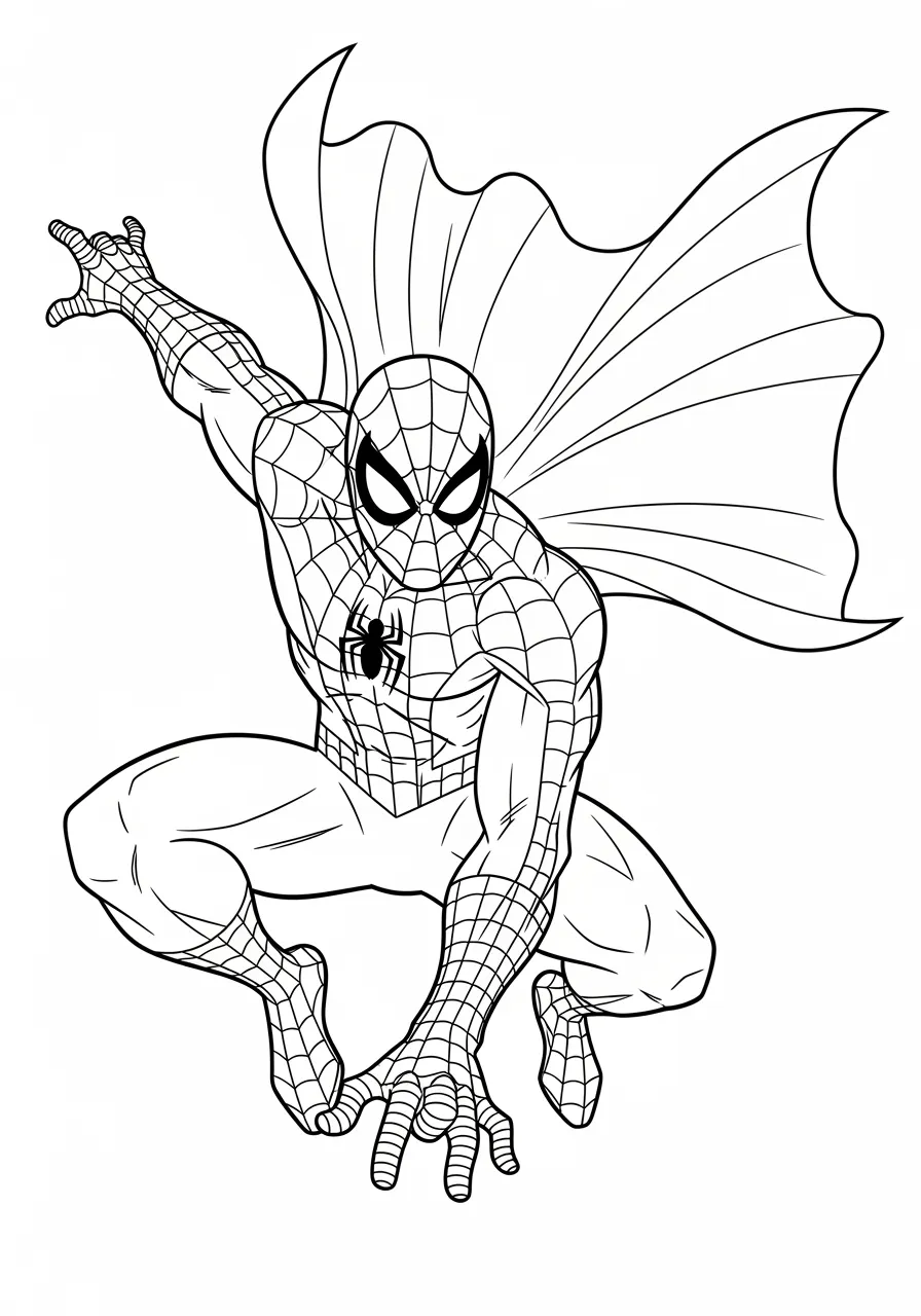 Detailed Spiderman Costume Design Coloring Page -- prompt: "black lines only Fun coloring book style page featuring Spiderman's iconic costume with bold black outlines, simplified geometric web patterns across chest and arms, clean line art perfect for children, cheerful superhero pose with cape flowing flat black lines, premium coloring page, coloring sheet, line drawing, Coloring Book, NO COLOR, NO SHADING, WHITE BACKGROUND. NO GRAY, BLACK AND WHITE, NO COLOR" -- This sophisticated design presents Spiderman's iconic costume in a technical drawing style, perfect for older children and adults who appreciate detailed artwork and fashion design. The intricate web patterns and costume elements provide hours of precise coloring work while celebrating the artistry behind superhero costume creation. Fashion and design enthusiasts will particularly enjoy this unique perspective on the classic costume.