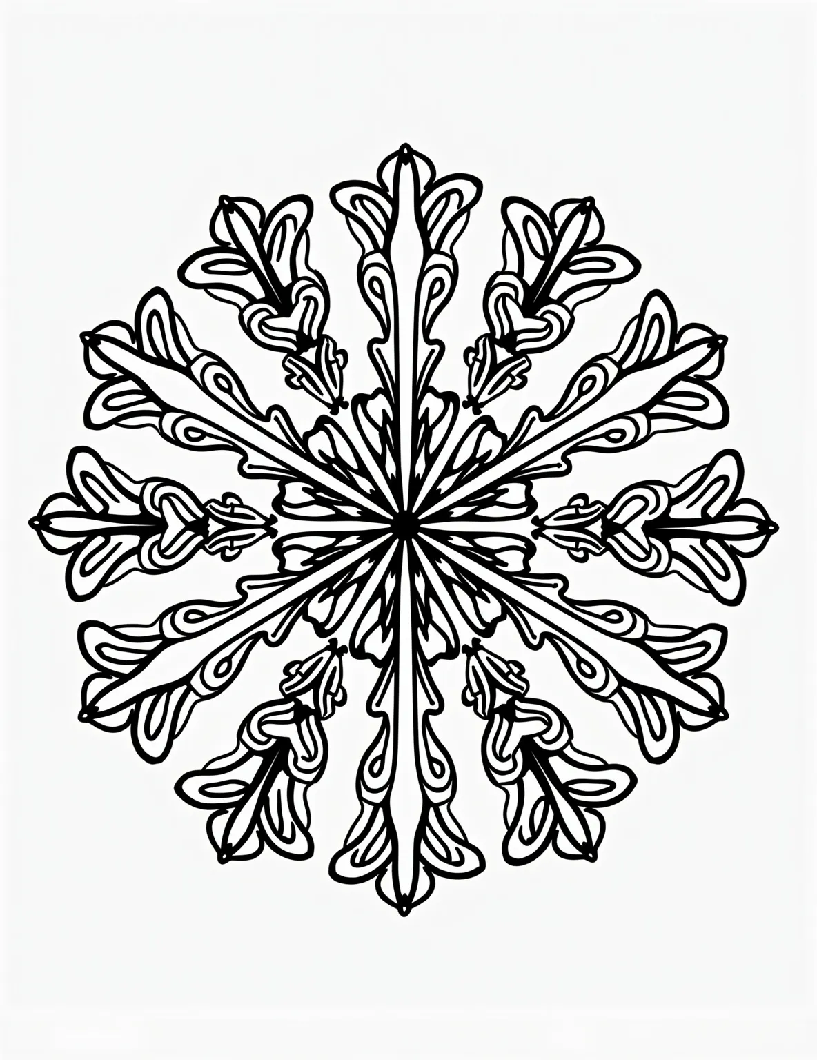 Snowflake Kaleidoscope -- prompt: "black lines only Snowflake-inspired mandala for coloring, with bold outlines and empty spaces. Symmetrical patterns radiate from center, featuring intricate geometric shapes, swirls, and delicate ice crystals. Large, simple areas alternate with finely detailed sections, perfect for relaxing winter-themed coloring book page. flat black lines, premium coloring page, coloring sheet, line drawing, Coloring Book, NO COLOR, NO SHADING, WHITE BACKGROUND. NO GRAY, BLACK AND WHITE, NO COLOR" -- Get lost in the mesmerizing patterns of this snowflake kaleidoscope coloring page. Multiple snowflakes overlap and intersect to create a dizzying array of shapes and spaces. It's a challenging but rewarding page for those who love intricate designs.