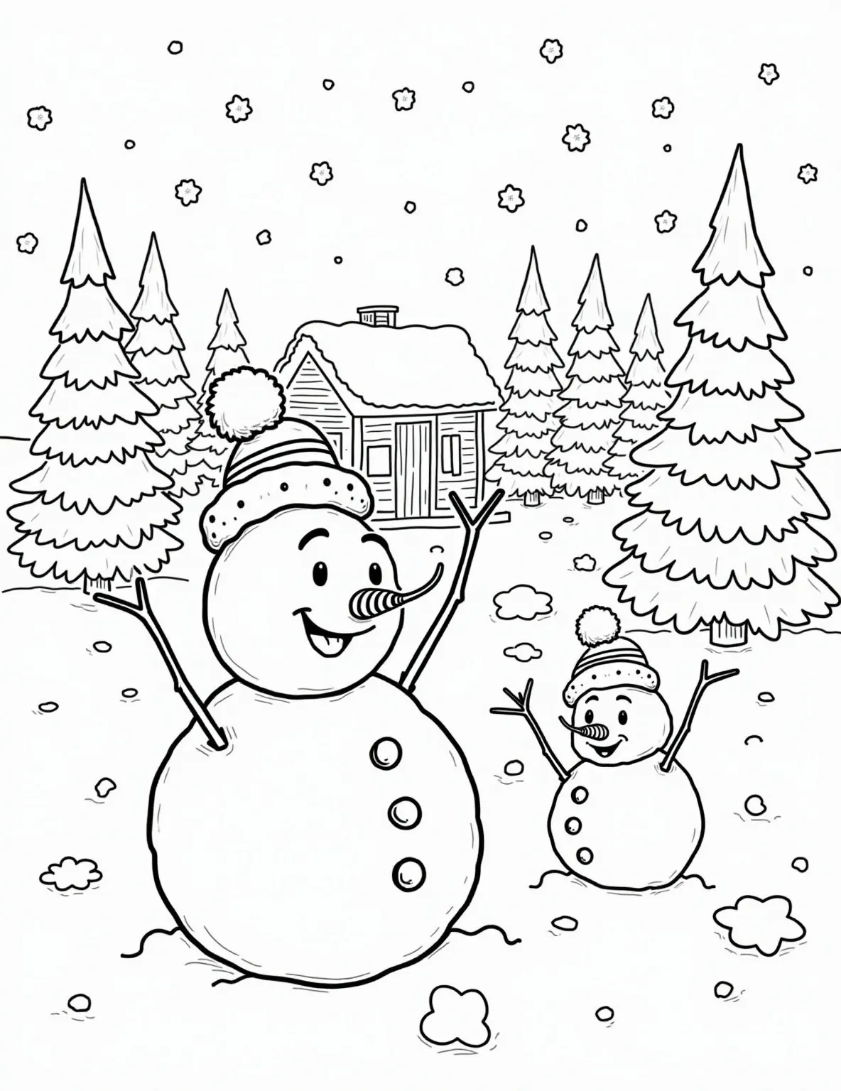 Snowman Family Winter Wonderland Coloring Page -- prompt: "black lines only Jolly snowman family with carrot noses and coal buttons, varying in size, frolic in a winter wonderland. Thick outlines define snow-laden pine trees, swirling snowflakes, and a distant log cabin. Simple shapes and bold patterns create a charming coloring book scene. flat black lines, premium coloring page, coloring sheet, line drawing, Coloring Book, NO COLOR, NO SHADING, WHITE BACKGROUND. NO GRAY, BLACK AND WHITE, NO COLOR" -- Bring the whole snow-family to life with this heartwarming scene! This coloring page showcases a adorable snowman family enjoying a magical snowy landscape. With different sizes and accessories for each family member, it's a delightful way to celebrate winter togetherness.