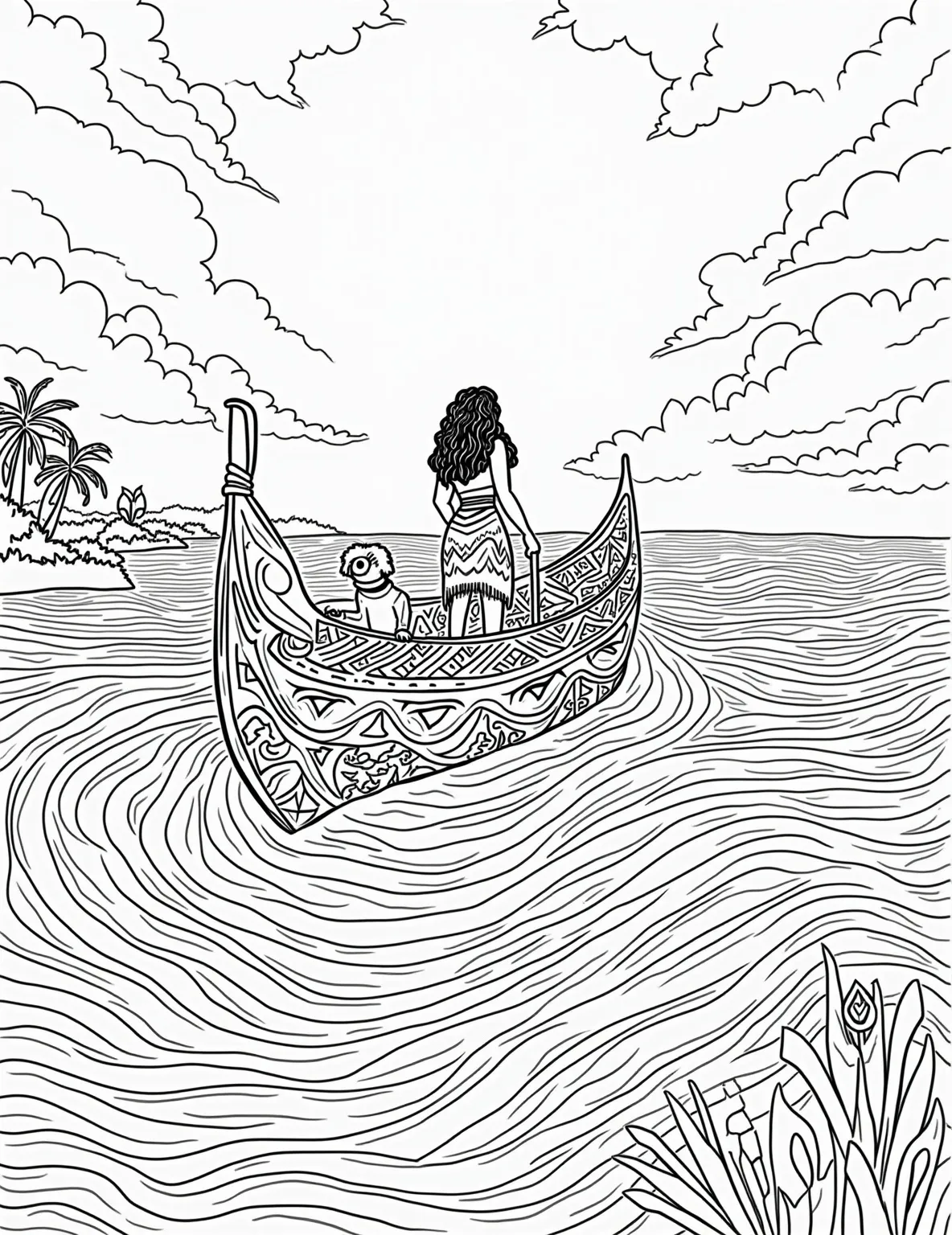 Moana's Ocean Adventure -- prompt: "black lines only Moana's bold outlines guide young artists through a Pacific adventure. Her canoe rides stylized waves, Te Fiti's heart radiates simple patterns. Pua and Heihei perch comically, ready for coloring. Palm-fringed islands dot the background. Thick lines and basic shapes invite creative expression. A fun, Polynesian-inspired coloring page for all ages. flat black lines, premium coloring page, coloring sheet, line drawing, Coloring Book, NO COLOR, NO SHADING, WHITE BACKGROUND. NO GRAY, BLACK AND WHITE, NO COLOR" -- Set sail with Moana in this epic coloring page. Our courageous voyager is shown steering her canoe through rolling waves, with the heart of Te Fiti glowing nearby. Pua and Heihei are along for the ride, adding a touch of humor to this adventurous scene.