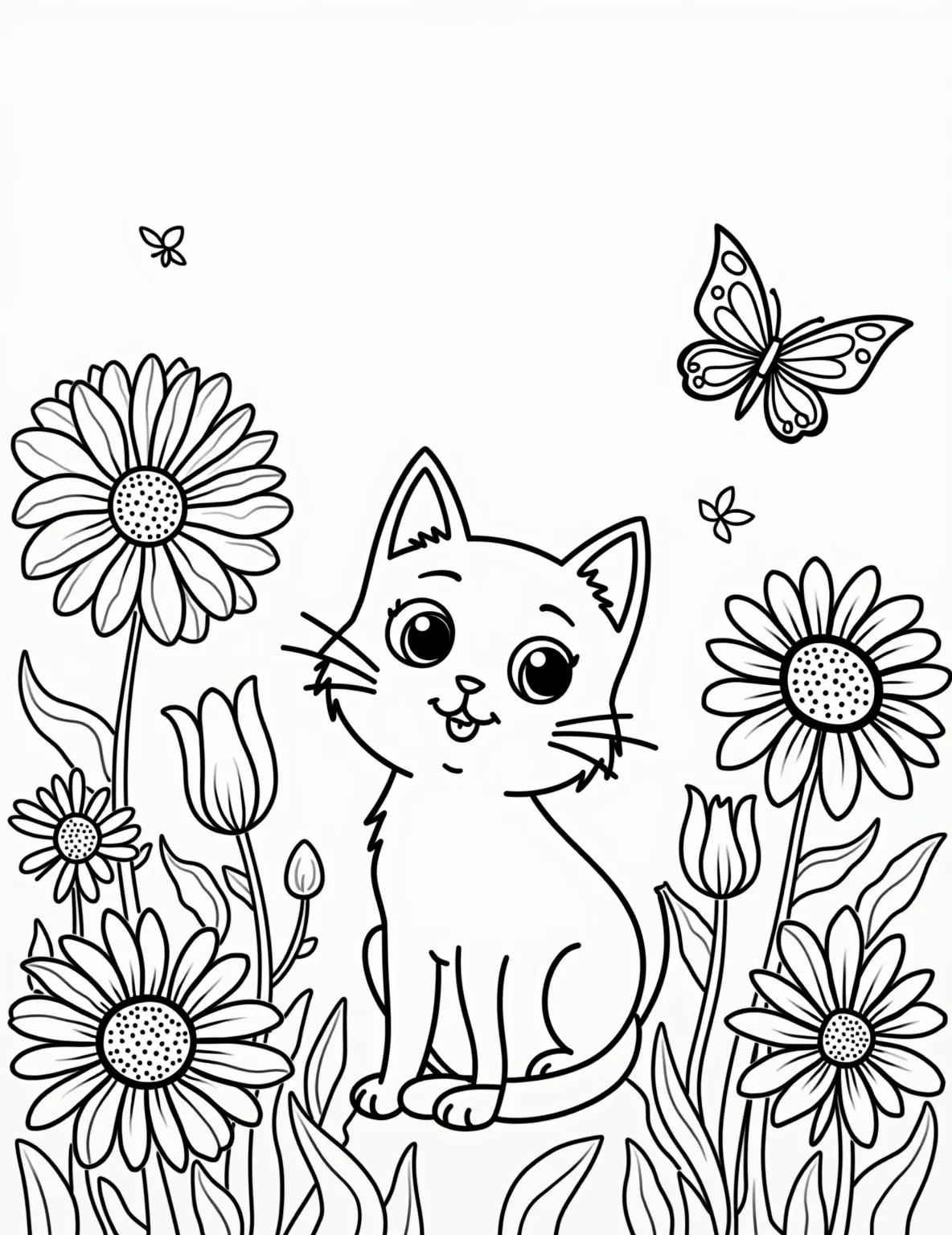 Curious Cat in a Flower Garden Coloring Page -- prompt: "black lines only Playful line art of a curious cat perched among oversized daisies, tulips, and sunflowers. Butterflies with dotted wing patterns hover nearby. Bold outlines define each element, creating distinct shapes perfect for coloring. Garden scene bursts with simple, joyful energy, inviting creative expression. flat black lines, premium coloring page, coloring sheet, line drawing, Coloring Book, NO COLOR, NO SHADING, WHITE BACKGROUND. NO GRAY, BLACK AND WHITE, NO COLOR" -- This charming scene depicts a curious cat exploring a vibrant flower garden. Surrounded by various blooms and butterflies, the cat's inquisitive expression adds a touch of whimsy to the page. It's a delightful blend of nature and feline charm, perfect for cat and flower enthusiasts alike.