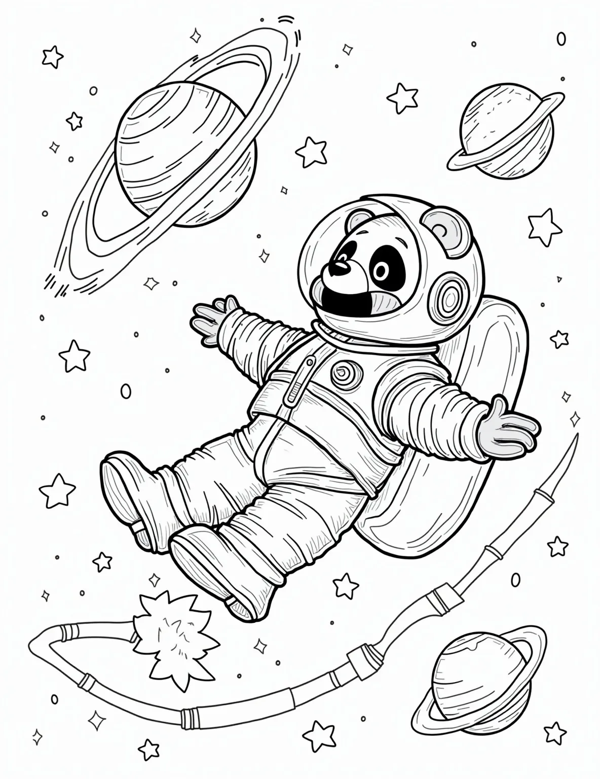 Panda Astronaut in Space Coloring Page -- prompt: "black lines only Adorable panda astronaut floats amidst starry expanse. Chunky outline defines fluffy spacesuit, helmet, and bamboo oxygen tank. Planets with simple shapes orbit nearby. Rocket-propelled bamboo stalk zooms past. Bold, thick lines perfect for coloring. Cheerful celestial adventure awaits young artists. flat black lines, premium coloring page, coloring sheet, line drawing, Coloring Book, NO COLOR, NO SHADING, WHITE BACKGROUND. NO GRAY, BLACK AND WHITE, NO COLOR" -- Blast off with this out-of-this-world coloring page featuring a panda astronaut floating in space. The panda, decked out in a spacesuit, is surrounded by stars, planets, and a bamboo-shaped spacecraft. This imaginative scene allows colorists to explore a cosmic color palette while enjoying the charm of a panda character.