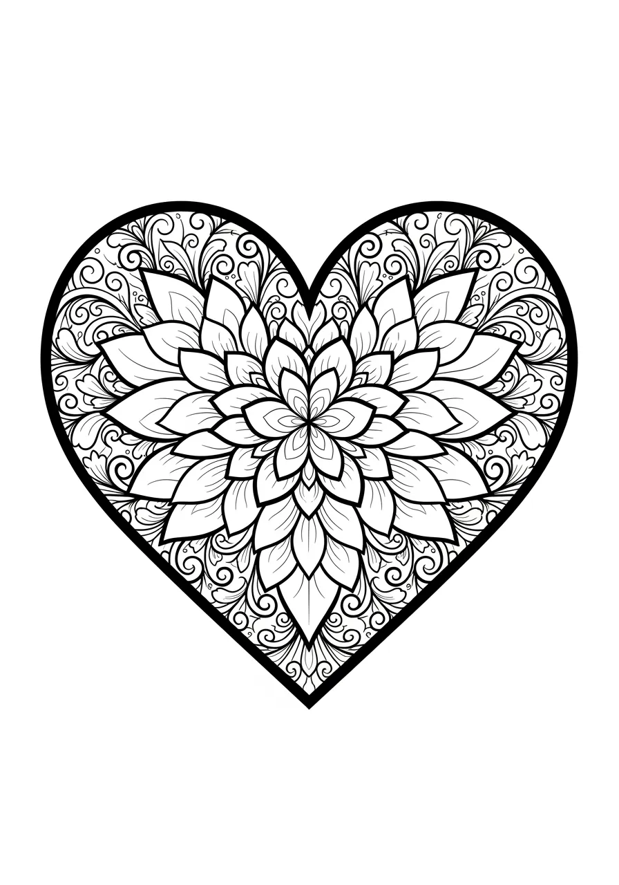 Mandala Heart Pattern Coloring Page -- prompt: "black lines only Fun coloring book page featuring a large heart-centered mandala with bold geometric petals, swirling patterns, and decorative flourishes radiating outward, thick black outlines, white background, playful symmetrical design perfect for relaxing creative expression flat black lines, premium coloring page, coloring sheet, line drawing, Coloring Book, NO COLOR, NO SHADING, WHITE BACKGROUND. NO GRAY, BLACK AND WHITE, NO COLOR" -- This intricate mandala design centers around a large heart shape filled with geometric patterns and swirls. The complex symmetrical design offers a meditative coloring experience perfect for stress relief and mindfulness. Advanced colorists will appreciate the detailed line work and countless opportunities for creative color combinations.