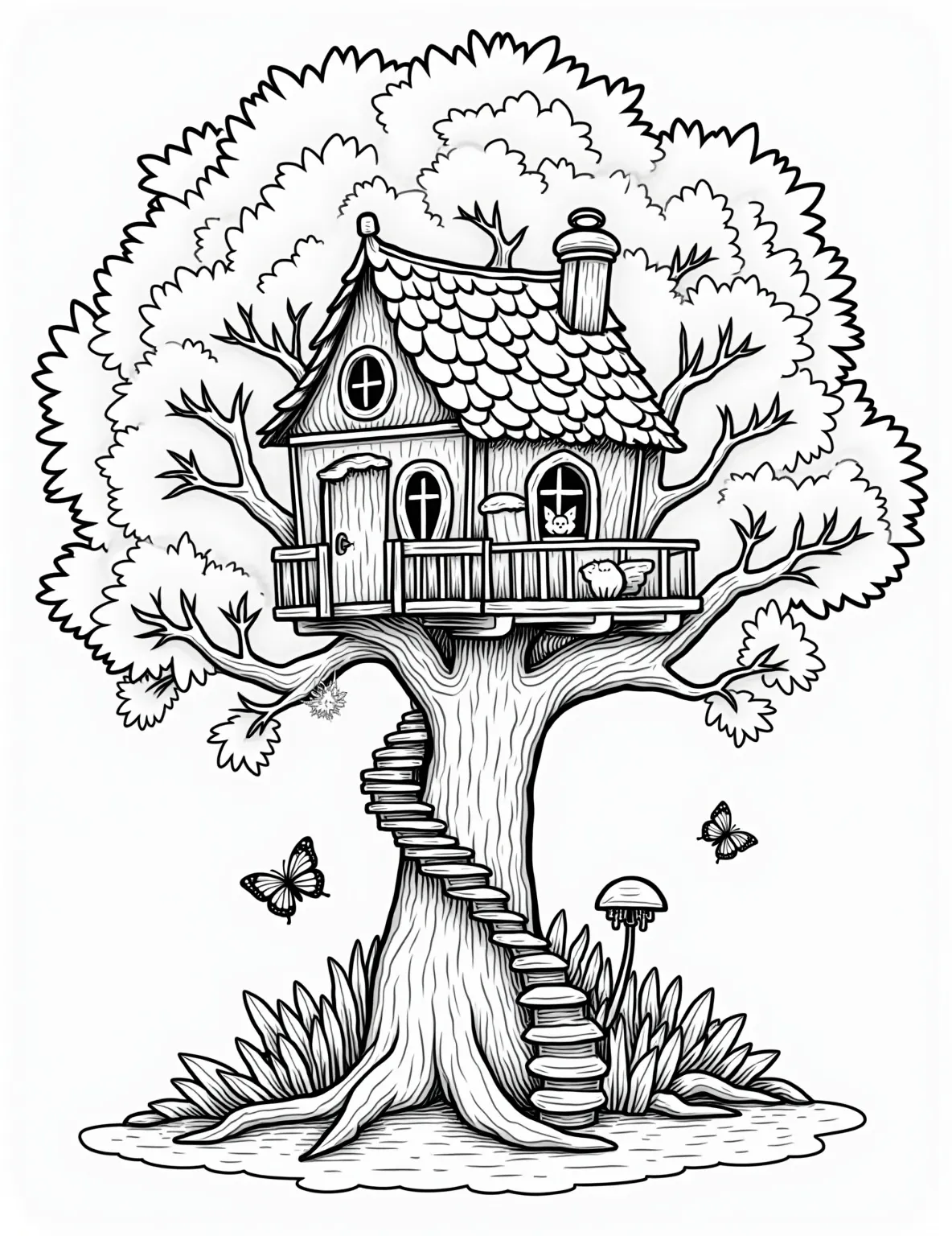 Enchanted Fairy Treehouse Coloring Page -- prompt: "black lines only Enchanted oak tree coloring page. Fairy treehouse nestled in branches, outlined in bold black lines. Acorn lanterns hang from twisting limbs. Leaf-shaped shingles adorn roof. Tiny round windows peek out. Spiral staircase winds around trunk. Mushroom doorstep welcomes visitors. Coloring book style flat black lines, premium coloring page, coloring sheet, line drawing, Coloring Book, NO COLOR, NO SHADING, WHITE BACKGROUND. NO GRAY, BLACK AND WHITE, NO COLOR" -- Step into a magical world with this intricate fairy treehouse coloring page. Nestled within the branches of an ancient oak, this whimsical dwelling features tiny windows, acorn lanterns, and delicate leaf shingles. It's a detailed page that will keep advanced colorists engaged for hours.