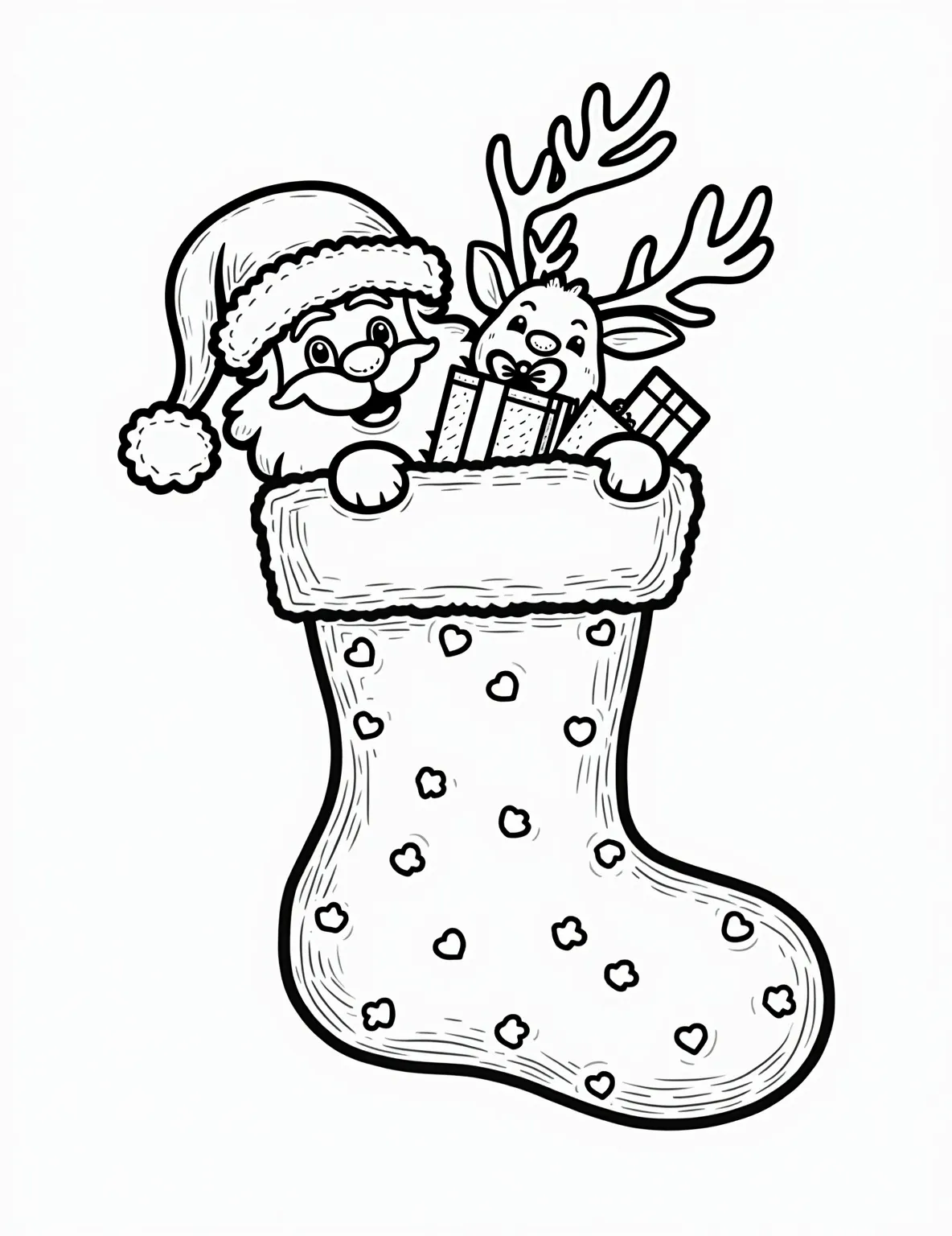 Santa's Sleigh Stocking Coloring Page -- prompt: "black lines only Santa's sleigh-shaped Christmas stocking bursts with playful charm. Bold outlines define jingle bells, runners, and overflowing gifts. Reindeer antlers sprout from sides, red nose gleams. Simple patterns adorn surfaces, inviting coloration. Empty spaces await creative filling. Festive scene radiates jolly holiday spirit. flat black lines, premium coloring page, coloring sheet, line drawing, Coloring Book, NO COLOR, NO SHADING, WHITE BACKGROUND. NO GRAY, BLACK AND WHITE, NO COLOR" -- This exciting coloring page displays a stocking shaped like Santa's magical sleigh. The stocking features sleigh runners, jingle bells, and is loaded with presents. Reindeer antlers and a red nose decorate the top of the stocking.