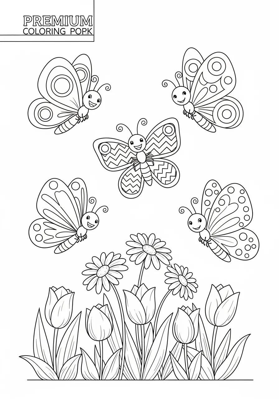 9. Cartoon Butterfly Friends Coloring Page -- prompt: "black lines only Five cheerful cartoon butterflies with smiling faces, bold black outlines, and geometric wing patterns featuring circles, stripes, and dots, dancing above blooming flowers in a fun coloring book style coloring page flat black lines, premium coloring page, coloring sheet, line drawing, Coloring Book, NO COLOR, NO SHADING, WHITE BACKGROUND. NO GRAY, BLACK AND WHITE, NO COLOR" -- A group of friendly cartoon butterflies with smiling faces and oversized eyes flutter together in this whimsical coloring page. Each butterfly has unique wing patterns and expressions, making them perfect characters for creative coloring. This page is especially appealing to younger children who love cute, animated designs.