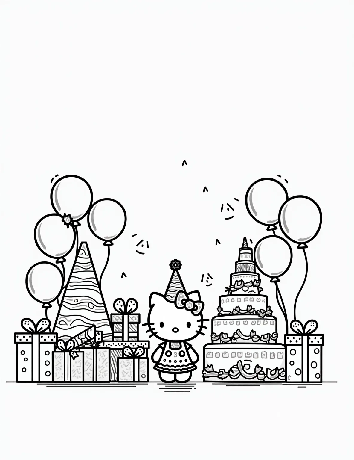 Hello Kitty's Birthday Celebration -- prompt: "black lines only Hello Kitty's birthday extravaganza: bold black outlines frame cheerful scenes. Kitty, donning oversized party hat, surrounded by floating balloons, gift boxes, and tiered cake. Simple shapes and patterns create a joyful, easy-to-color design. Blank spaces await vibrant hues. flat black lines, premium coloring page, coloring sheet, line drawing, Coloring Book, NO COLOR, NO SHADING, WHITE BACKGROUND. NO GRAY, BLACK AND WHITE, NO COLOR" -- It's Hello Kitty's birthday, and this coloring page is all about the celebration! Hello Kitty is surrounded by balloons, presents, and a big birthday cake. She's wearing a party hat and has a joyful expression. This page is perfect for adding bright, festive colors.