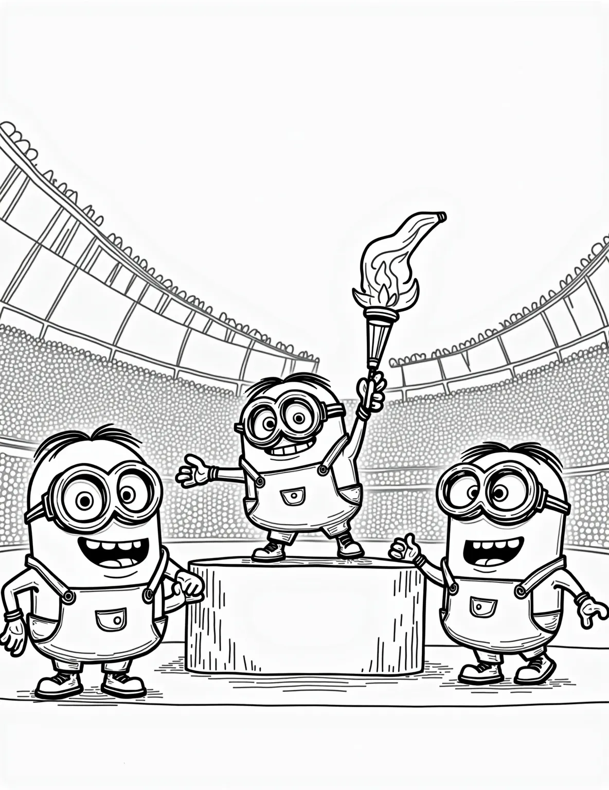 Minion Olympic Games -- prompt: "black lines only Minions in Olympic stadium, thick black outlines. Banana javelin, banana hurdles, banana discus. Goggled faces with exaggerated expressions. Simple shapes, bold lines. Stadium details: podium, torch, flags. Lovable characters in various poses: running, jumping, throwing. Playful scenes ready for coloring. flat black lines, premium coloring page, coloring sheet, line drawing, Coloring Book, NO COLOR, NO SHADING, WHITE BACKGROUND. NO GRAY, BLACK AND WHITE, NO COLOR" -- Go for the gold with this sports-packed Minion coloring page! Our yellow athletes are competing in various Olympic events, from banana javelin throwing to minion synchronized swimming. This action-filled scene is ideal for kids who love sports and friendly competition.