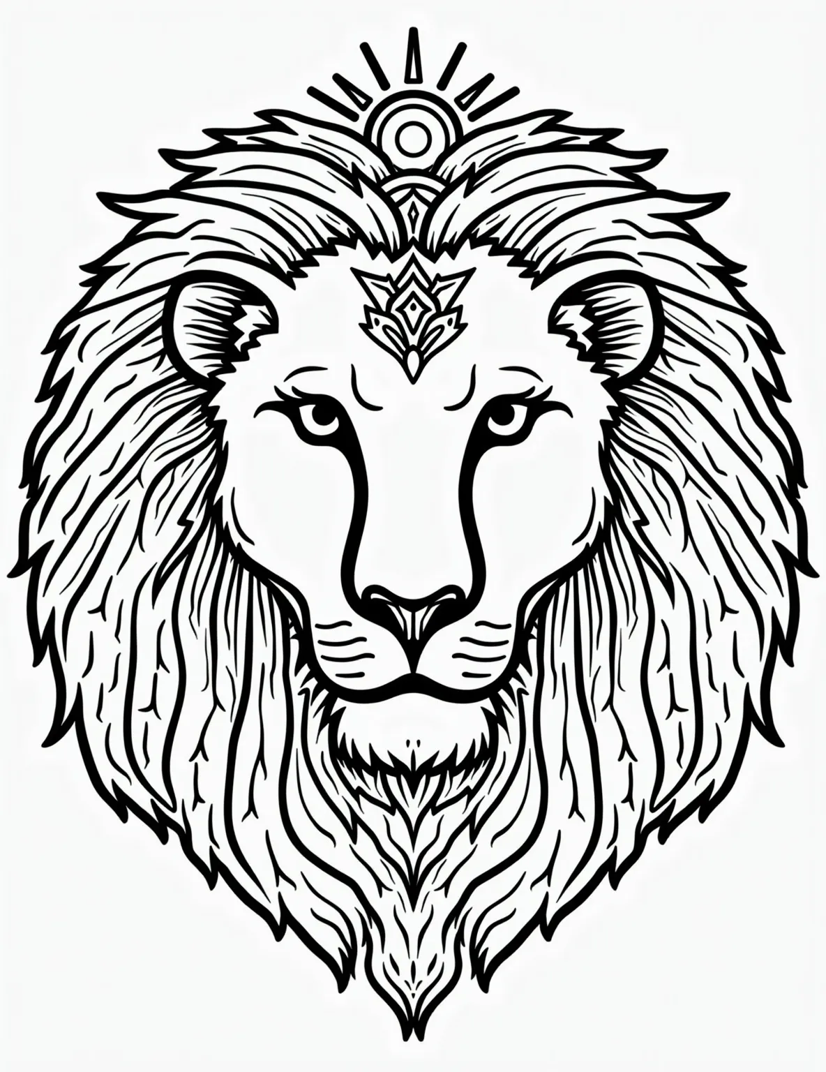 Lion Amid African Patterns -- prompt: "black lines only Majestic lion's face, bold black outlines, empty spaces for coloring. African-inspired geometric patterns frame the mane. Stylized sun, acacia trees, and tribal shields surround. Playful yet educational design celebrates African culture. Simple shapes invite creative expression. Fun, engaging coloring page for all ages. flat black lines, premium coloring page, coloring sheet, line drawing, Coloring Book, NO COLOR, NO SHADING, WHITE BACKGROUND. NO GRAY, BLACK AND WHITE, NO COLOR" -- This artistic coloring page incorporates a lion's face into a background of intricate African-inspired patterns. The fusion of realistic lion features with geometric and organic shapes creates a unique and challenging coloring experience.