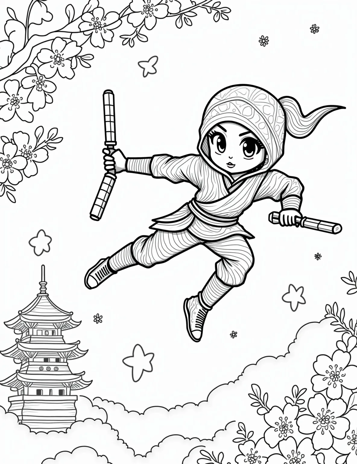 Ninja Girl's Stealthy Mission -- prompt: "black lines only Bold outlines frame a dynamic girl ninja mid-leap, nunchucks swinging. Simplified pagoda silhouette and stylized cherry blossoms adorn background. Large, clean shapes perfect for coloring. Energetic pose captures martial arts spirit. Thick lines and geometric patterns create engaging, kid-friendly design. flat black lines, premium coloring page, coloring sheet, line drawing, Coloring Book, NO COLOR, NO SHADING, WHITE BACKGROUND. NO GRAY, BLACK AND WHITE, NO COLOR" -- Embark on a secret mission with this dynamic ninja girl coloring page. The young martial artist is shown in mid-leap, her nunchucks at the ready. A pagoda and cherry blossoms in the background add an authentic touch to the scene.