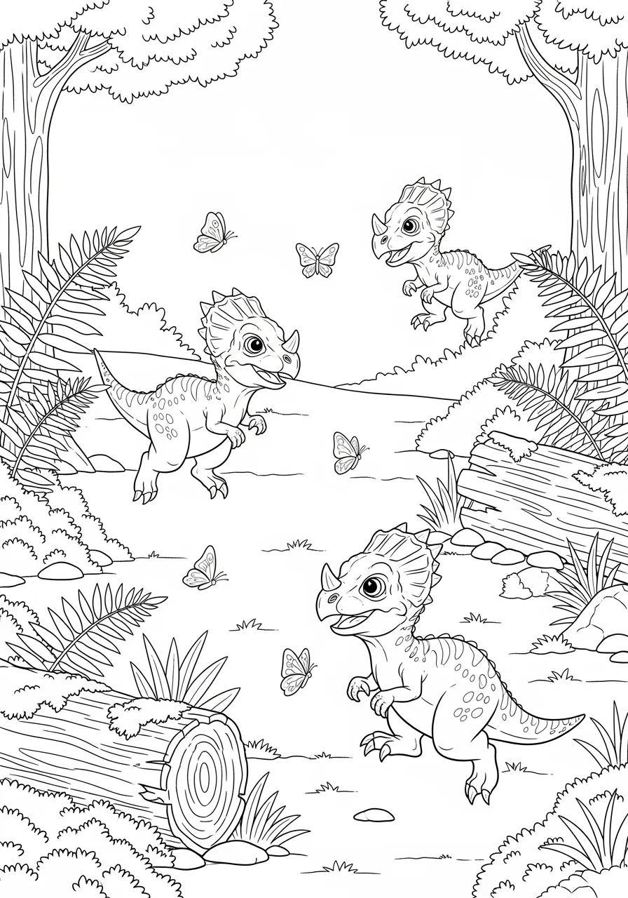 Playful Dracorex Baby Dragons Coloring Page -- prompt: "black lines only Adorable baby Dracorex dinosaurs with prominent spiky skull crests playfully chase butterflies through towering ferns and moss-covered logs in a sunny prehistoric forest clearing, bold black outlines, simple shapes perfect for coloring flat black lines, premium coloring page, coloring sheet, line drawing, Coloring Book, NO COLOR, NO SHADING, WHITE BACKGROUND. NO GRAY, BLACK AND WHITE, NO COLOR" -- Delight in these adorable baby Dracorex dinosaurs, whose name literally means "dragon king of Hogwarts." These small, dragon-like creatures are shown playing together in a magical prehistoric setting that captures their mythical appearance. With their spiky skulls and playful attitudes, these young dinosaurs bring a sense of fantasy and wonder to the coloring experience.